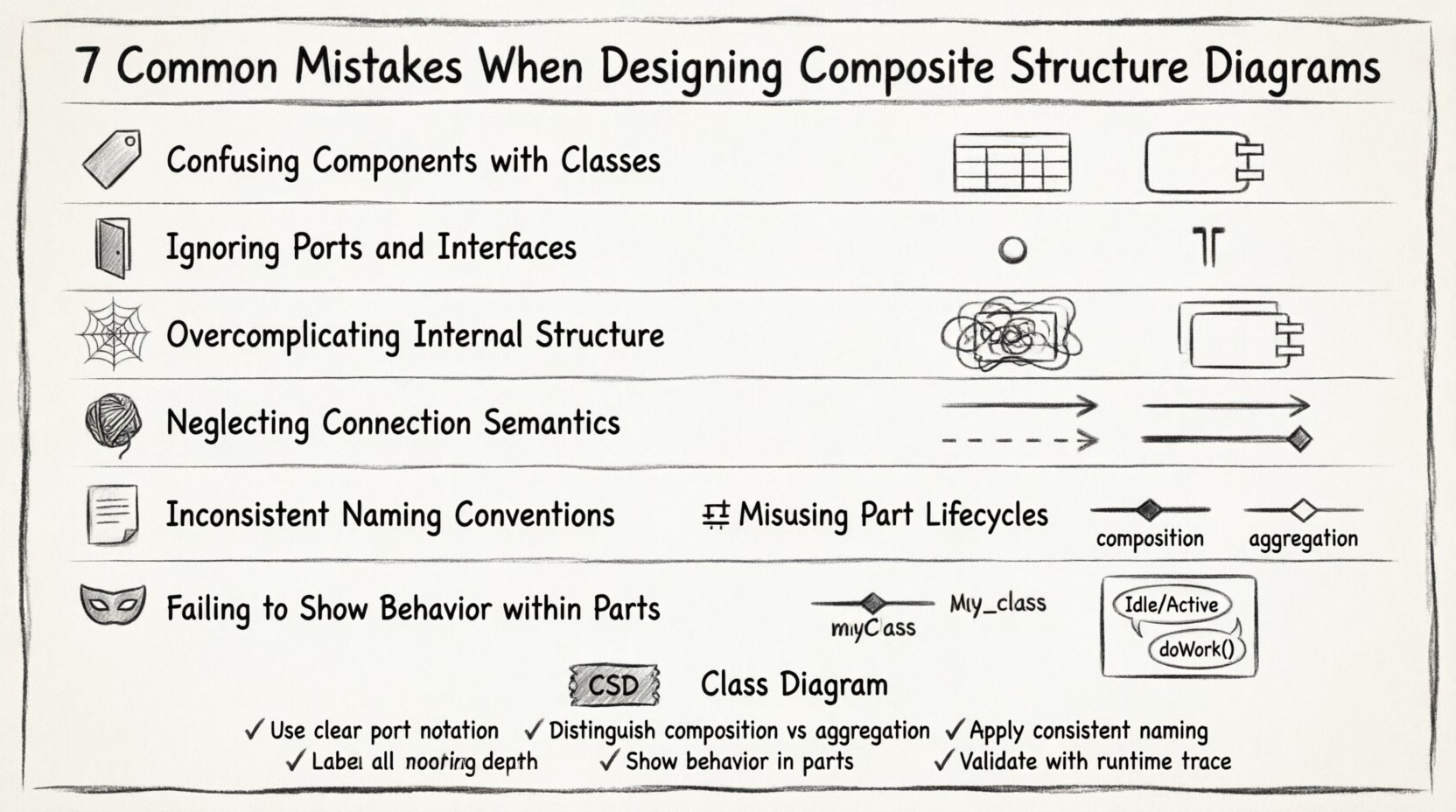 Charcoal sketch infographic illustrating 7 common mistakes when designing UML Composite Structure Diagrams: confusing components with classes, ignoring ports/interfaces, overcomplicating structure, neglecting connection semantics, inconsistent naming, misusing composition vs aggregation lifecycles, and failing to show behavior within parts; includes validation checklist and CSD vs class diagram comparison