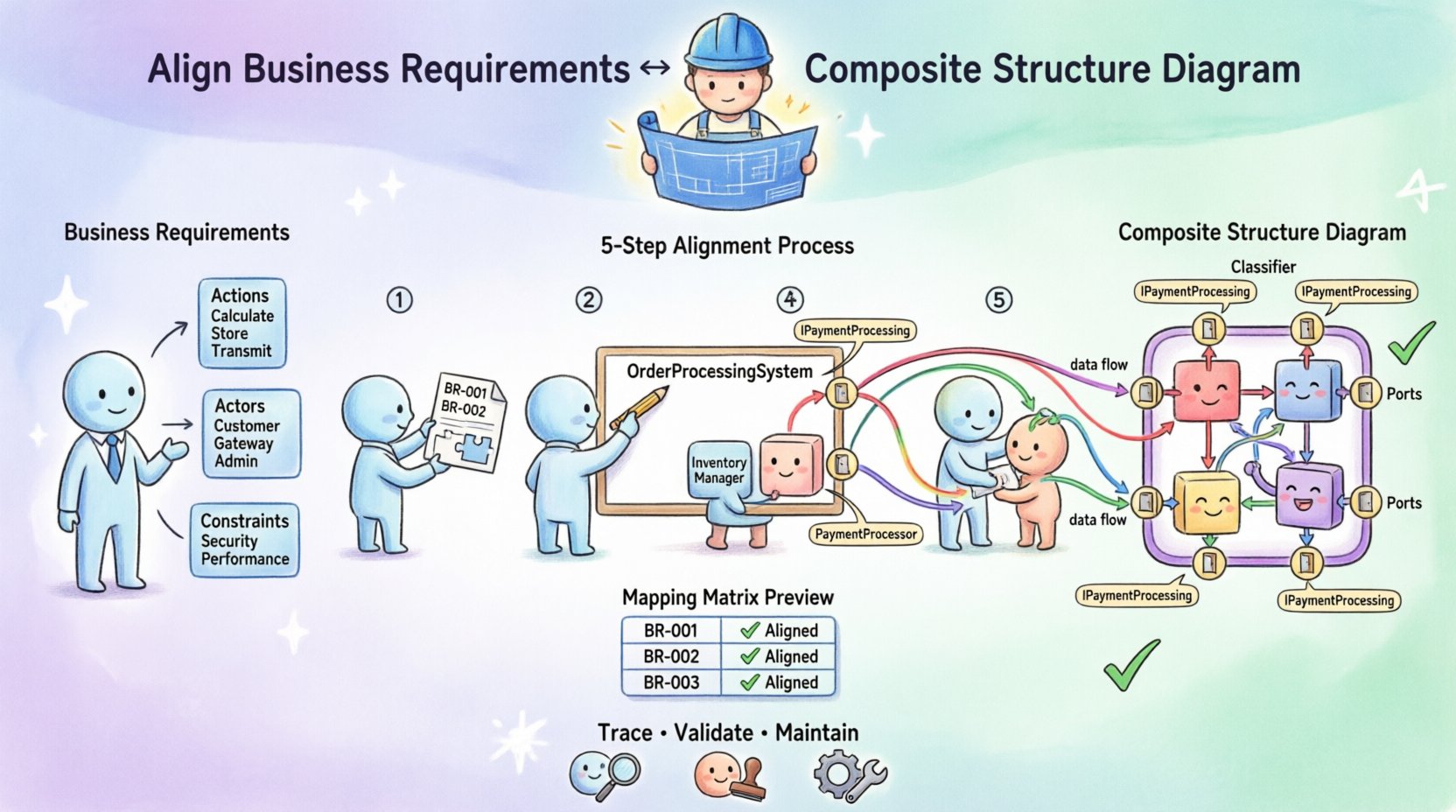 Chibi-style infographic illustrating how to align business requirements with UML Composite Structure Diagrams. Features cute characters representing the 5-step alignment process: deconstructing requirements, defining composite context, identifying internal parts, configuring ports and interfaces, and connecting components. Visualizes key UML elements including classifiers, parts, ports, connectors, and interfaces alongside a requirements-to-structure mapping matrix. Soft pastel color palette with kawaii aesthetic, designed to make technical architecture concepts approachable and memorable for developers, architects, and business stakeholders.
