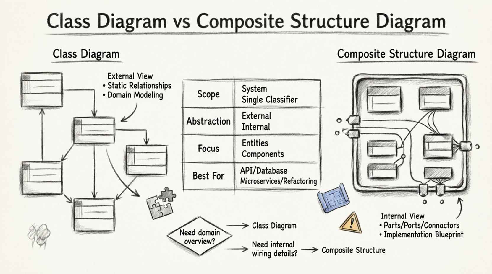 Charcoal sketch infographic comparing UML Class Diagrams and Composite Structure Diagrams for technical leads, illustrating key differences in scope, abstraction level, and use cases, with visual decision framework for software architecture modeling and system design documentation