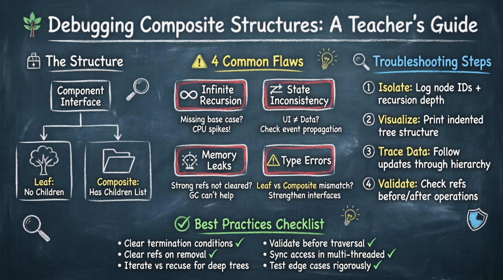 Chalkboard-style educational infographic explaining how to debug composite design pattern flaws in software architecture, featuring a tree diagram of Component/Leaf/Composite roles, four common issues (infinite recursion, state inconsistency, memory leaks, type safety violations), a three-step troubleshooting methodology (isolate, visualize, trace), and a best practices checklist for building robust hierarchical structures