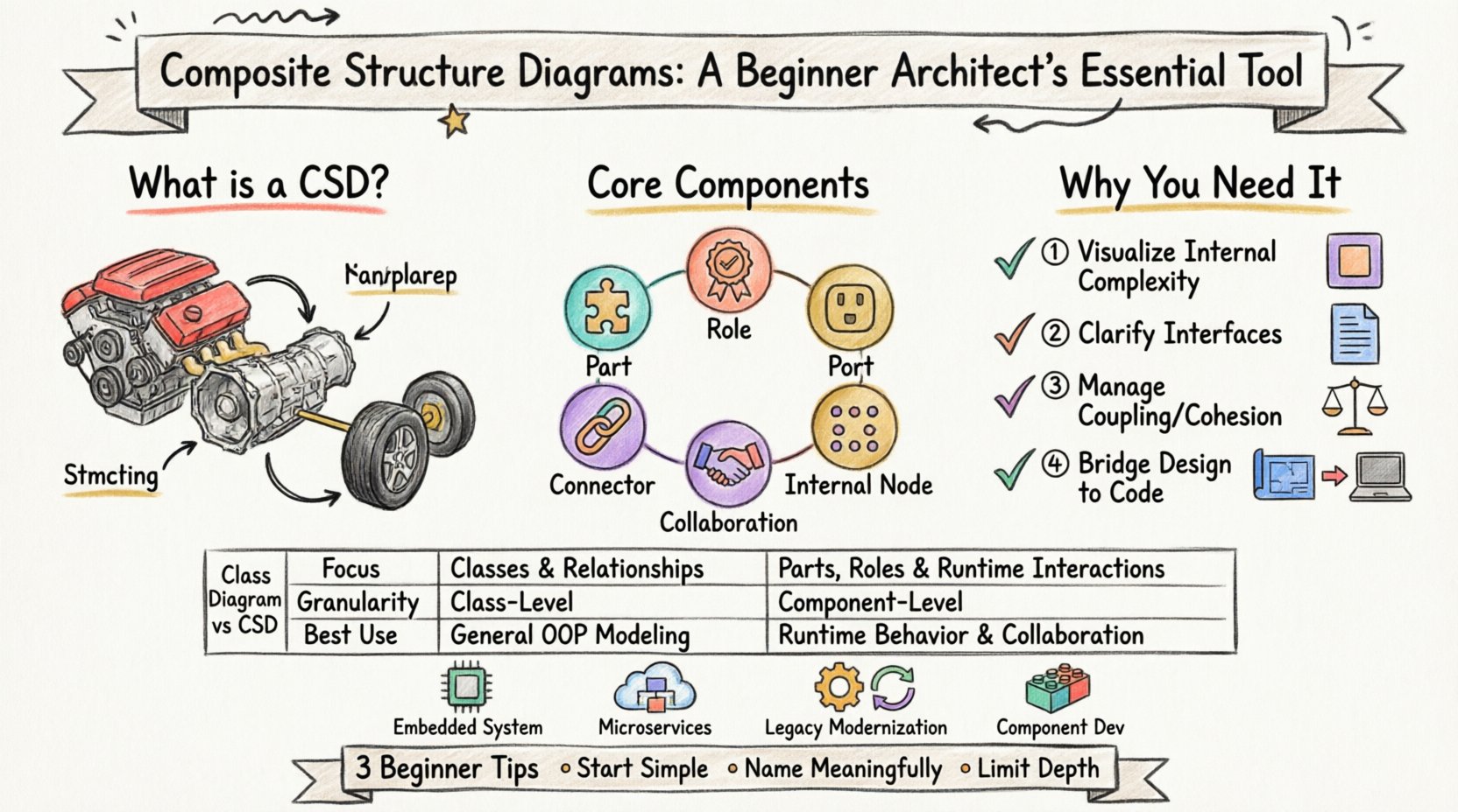 Marker-style infographic explaining Composite Structure Diagrams for beginner software architects: visualizes core UML components (Parts, Roles, Ports, Connectors), key benefits like managing coupling and clarifying interfaces, comparison with Class Diagrams, and real-world applications in embedded systems, microservices, and legacy modernization