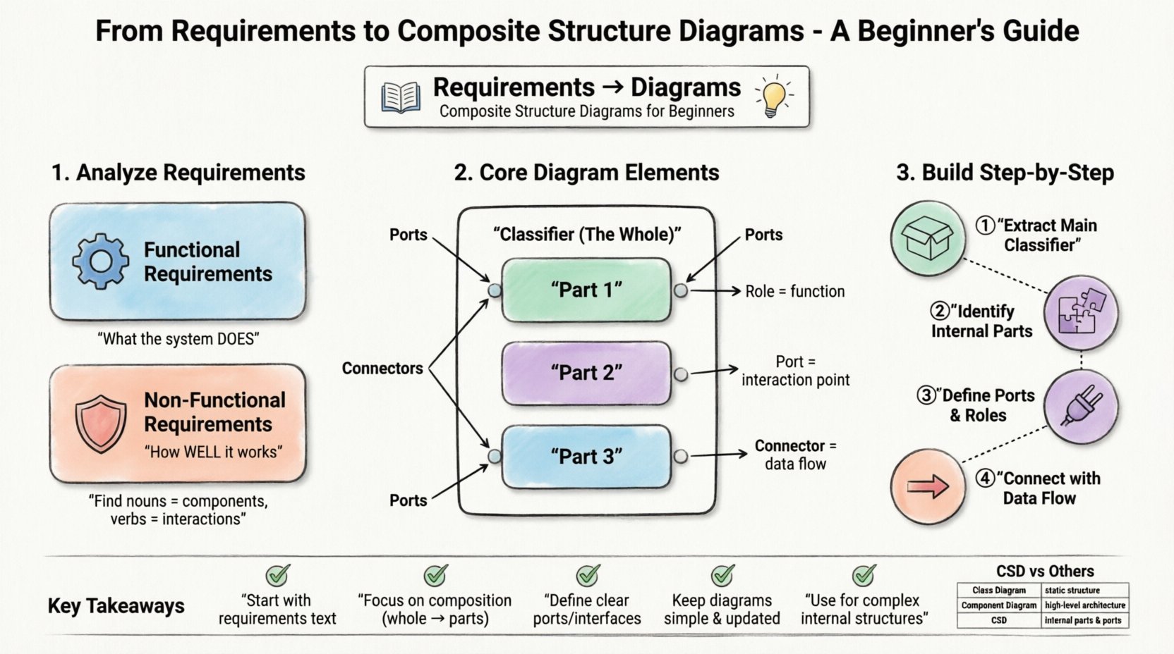 Infographic guide: From Requirements to Composite Structure Diagrams for beginners. Visual workflow showing 3 key steps: 1) Analyze functional vs non-functional requirements, 2) Learn core elements (classifier, parts, ports, connectors, roles), 3) Build diagrams step-by-step with Smart Home example. Includes comparison with Class/Component/Deployment diagrams, common pitfalls to avoid, and 5 key takeaways. Simple flat design with black outlines, pastel accents, rounded shapes, and student-friendly icons for social media sharing.