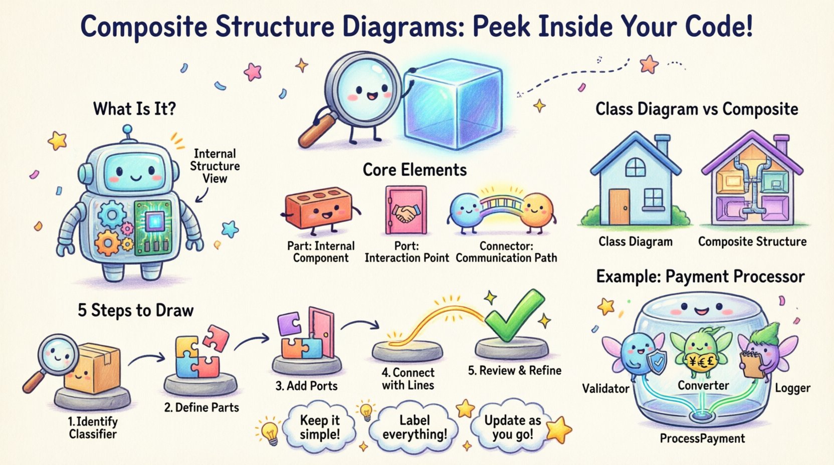 Whimsical infographic guide teaching how to draw UML Composite Structure Diagrams: features X-ray view metaphor, core elements (Parts as building blocks, Ports as interaction doors, Connectors as communication bridges), visual comparison with Class Diagrams, illustrated 5-step drawing process, Payment Processor example with Validator/Converter/Logger components, and beginner pro tips in playful pastel cartoon style with friendly characters and clear visual hierarchy