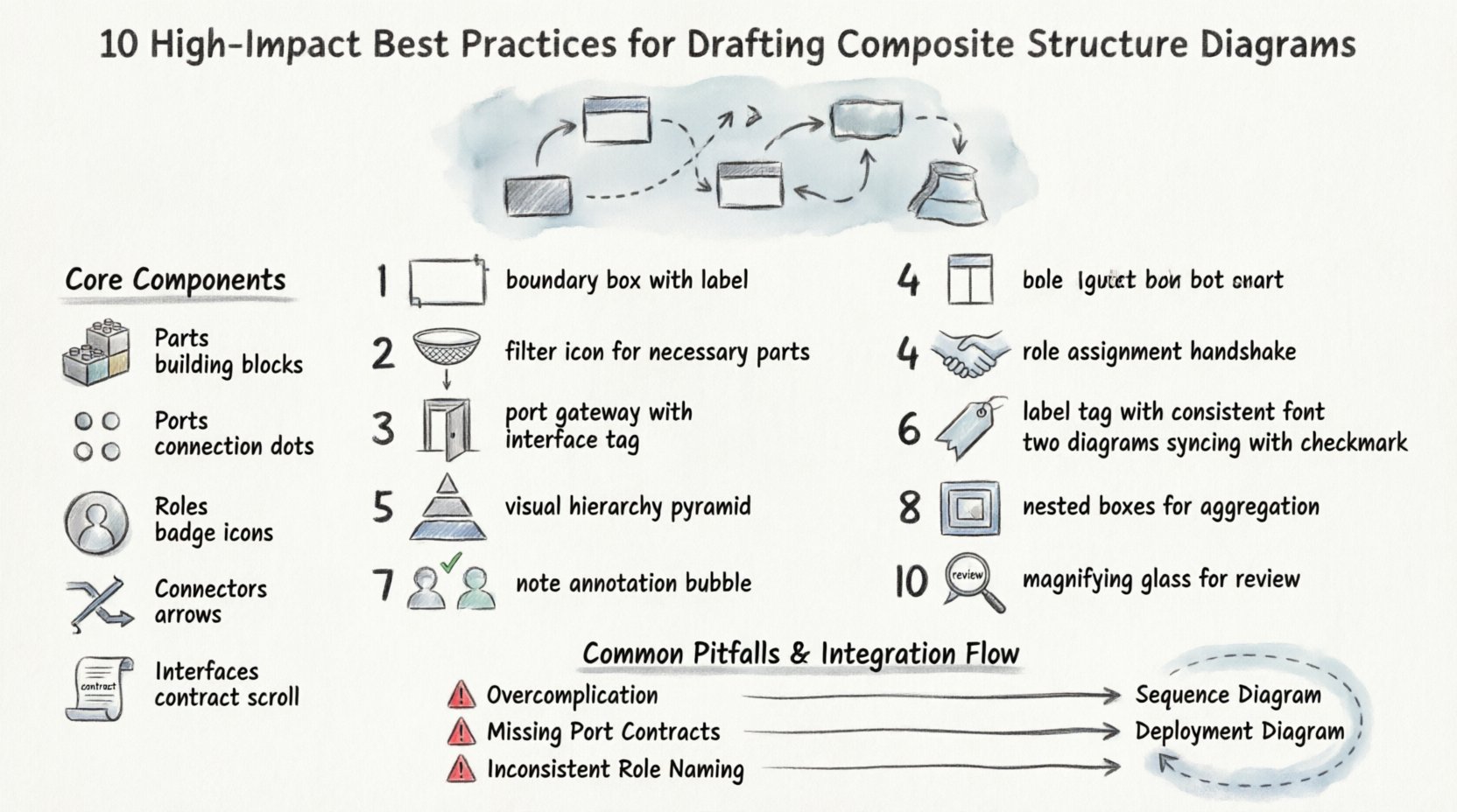 Hand-drawn infographic illustrating 10 best practices for drafting UML Composite Structure Diagrams, featuring core components (parts, ports, roles, connectors, interfaces), visual hierarchy tips, labeling standards, aggregation techniques, and integration workflows with class and sequence diagrams for software architecture documentation