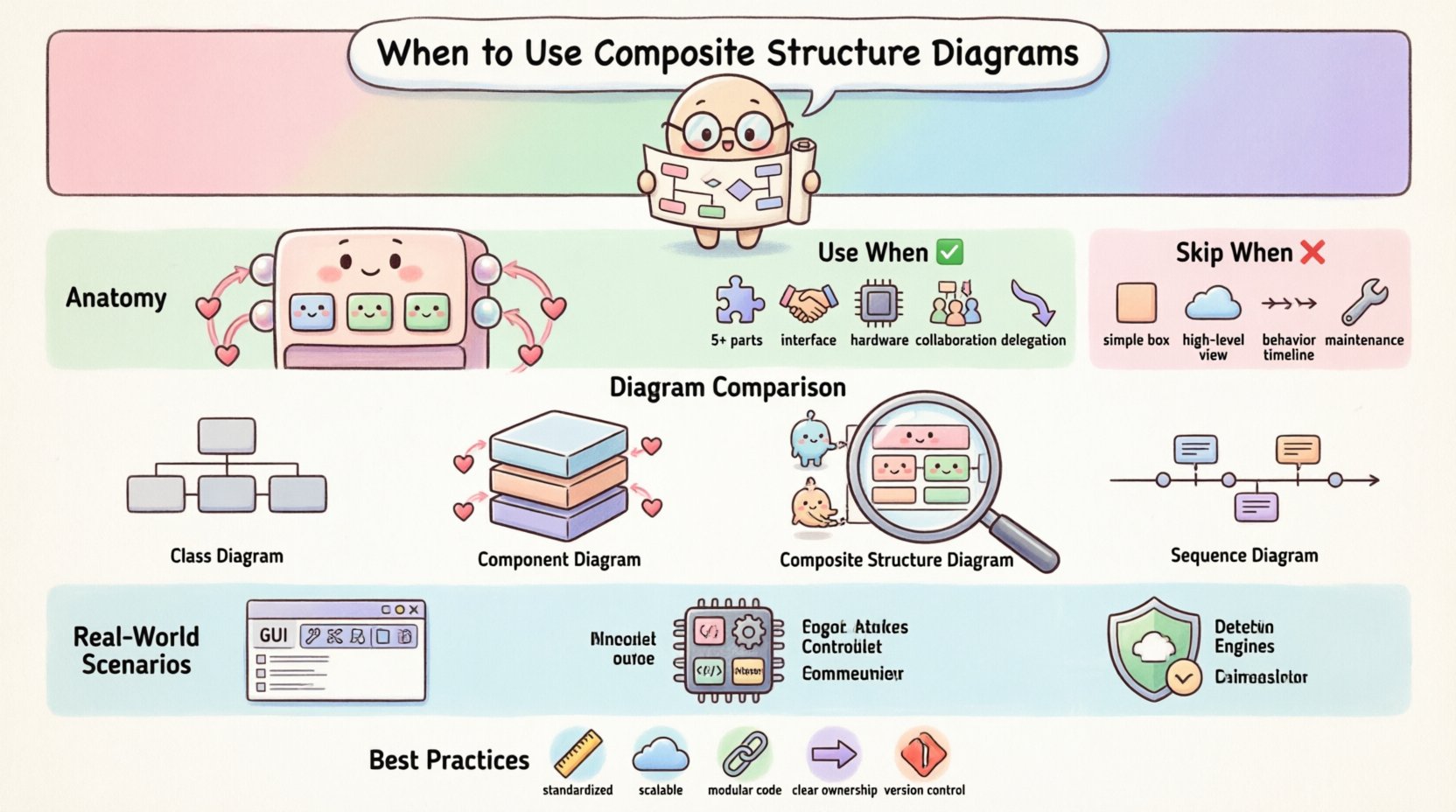 Cute kawaii-style infographic explaining when to use UML Composite Structure Diagrams for technical leads, featuring pastel-colored visual anatomy of classifiers with parts, ports, and connectors, decision criteria checklists with checkmark and cross icons, comparison table versus Class/Component/Sequence diagrams, and three real-world scenario illustrations for GUI composition, embedded systems, and security boundaries, all in simplified rounded vector style with English labels