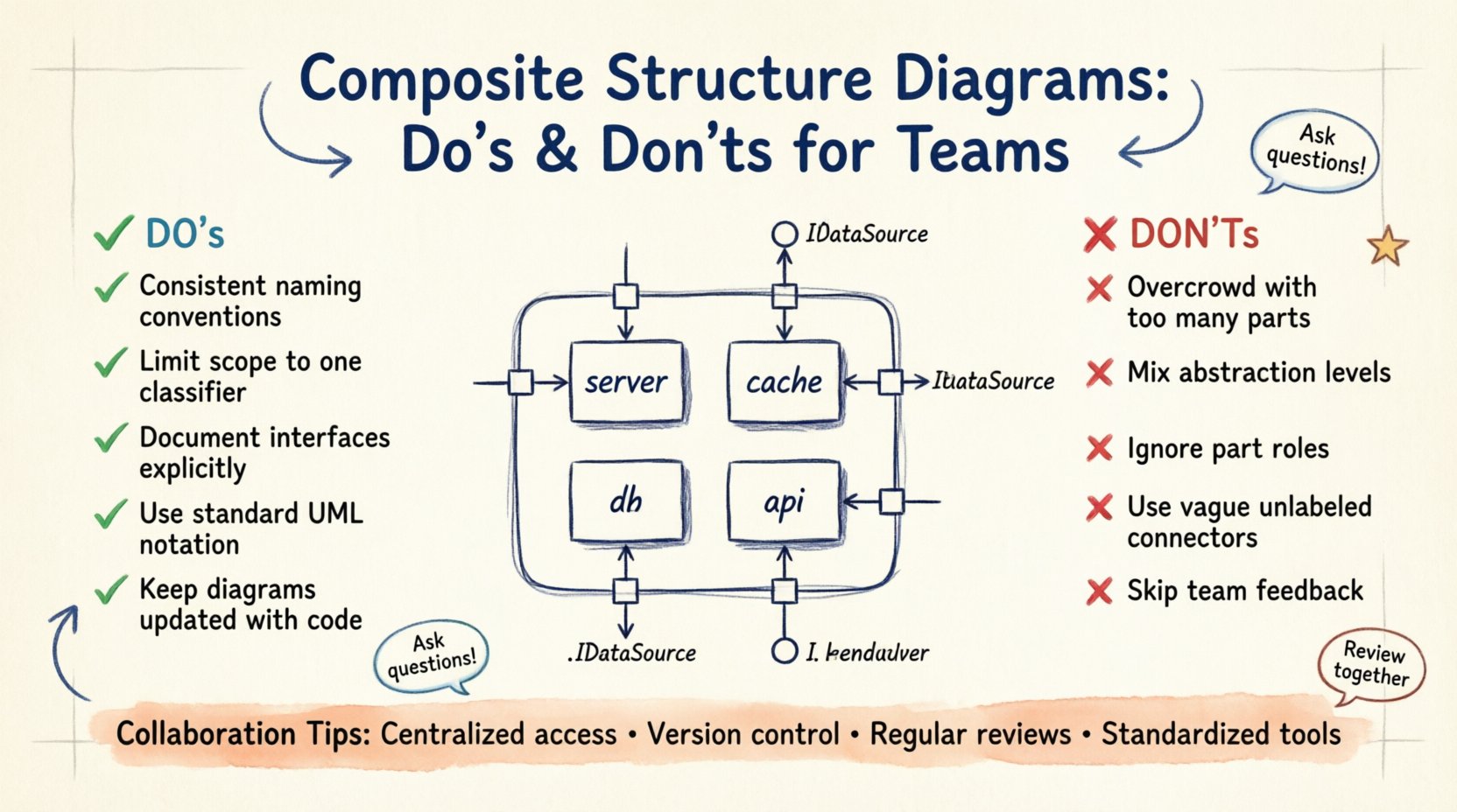 Hand-drawn infographic illustrating best practices for UML Composite Structure Diagrams: shows core components (parts, roles, ports, connectors, interfaces), five essential do's like consistent naming and limited scope, five common don'ts like overcrowding and mixing abstraction levels, plus collaboration tips for distributed software teams