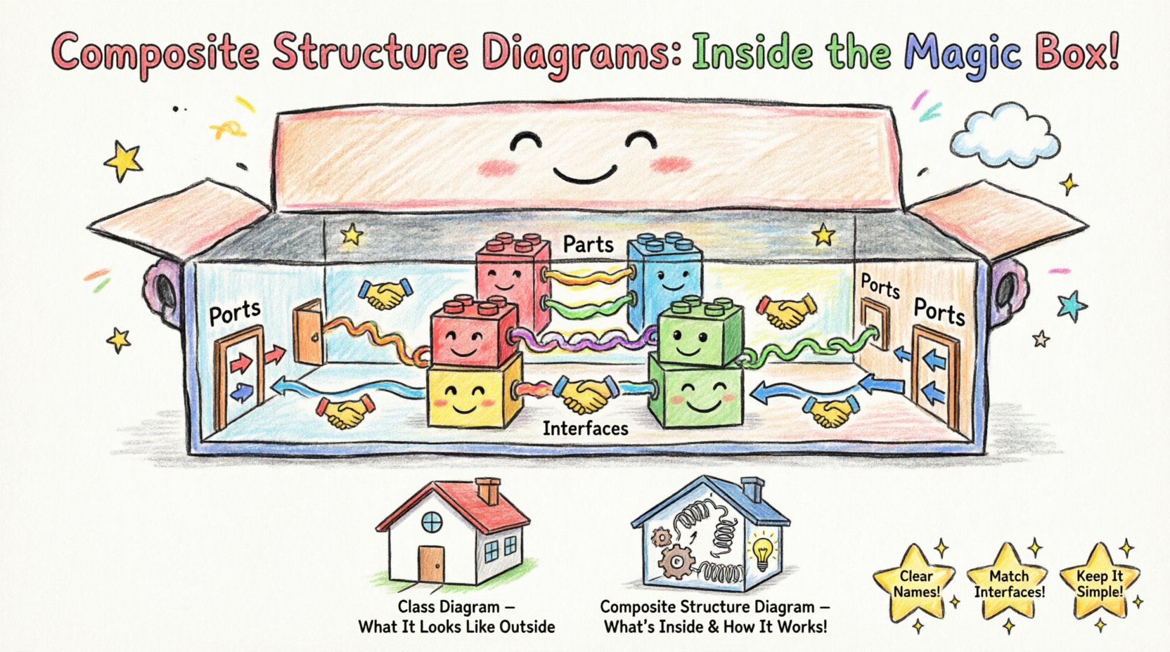Child's drawing style infographic explaining Composite Structure Diagrams in UML: colorful crayon illustration showing Parts as building blocks, Ports as doors, Connectors as friendship lines, and Interfaces as handshakes inside a friendly system box, with visual comparisons to class diagrams and best practice tips for system architecture design