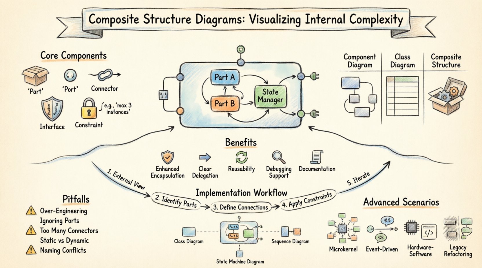 Hand-drawn infographic explaining UML Composite Structure Diagrams: illustrates core components including parts, ports, connectors, interfaces, and constraints; compares with Component and Class diagrams; highlights key benefits like encapsulation and reusability; shows 5-step implementation workflow; warns of common pitfalls; depicts advanced scenarios like microkernel and event-driven architectures; and maps relationships to other UML diagrams, all in a warm sketchy illustration style with 16:9 layout for educational purposes