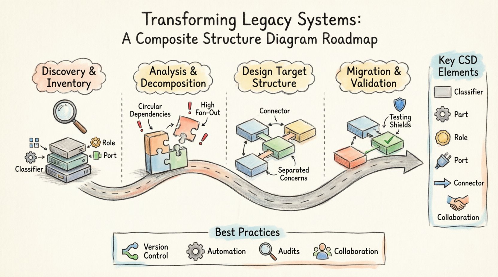 Hand-drawn infographic illustrating a 4-phase roadmap for transforming legacy systems using UML Composite Structure Diagrams: Phase 1 Discovery & Inventory (identifying classifiers, mapping parts, documenting ports), Phase 2 Analysis & Decomposition (analyzing connectivity, defining interfaces, identifying replacement candidates), Phase 3 Designing Target Structure (separation of concerns, standardized communication, new roles), Phase 4 Migration & Validation (incremental replacement, regression testing, documentation updates). Features key CSD elements (classifier, part, role, port, connector, collaboration) as illustrated icons, common pitfalls warnings, and best practices checklist for sustainable architecture. Hand-sketched style with watercolor accents, 16:9 aspect ratio, educational technical illustration.