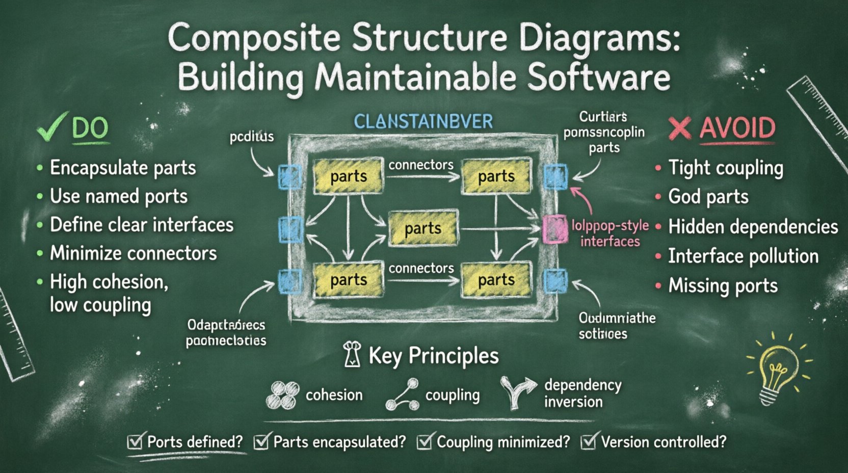 Chalkboard-style educational infographic explaining Composite Structure Diagrams for software maintainability, featuring hand-drawn UML elements including parts, ports, connectors, and interfaces, with best practices checklist, anti-patterns to avoid, and key architectural principles like high cohesion and low coupling, presented in a teacher-friendly visual format