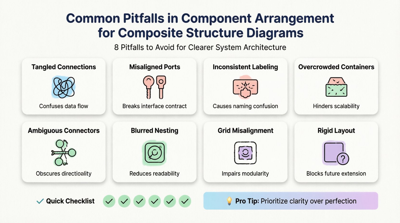 Infographic showing 8 common pitfalls in component arrangement for composite structure diagrams: excessive connector crossings, improper port placement, inconsistent naming, container overload, ignored directionality, deep nesting without context, layout inconsistency, and neglecting maintenance - with visual icons, pastel colors, and a quick checklist for clear system architecture documentation