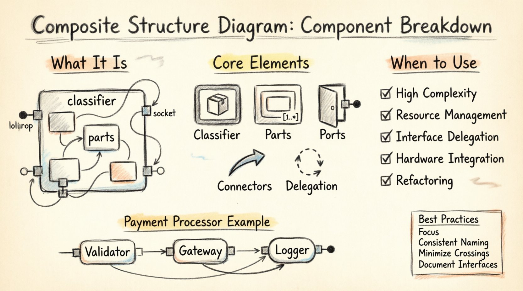 Hand-drawn infographic explaining UML Composite Structure Diagrams for software architects, showing core elements including classifier containers, internal parts with multiplicity, ports with provided/required interfaces, connectors and delegation patterns, plus use cases for complex systems, resource management, and interface delegation, featuring a payment processor module example with validator, gateway, and logger components, best practices checklist, and visual notation guide in sketch-style educational illustration