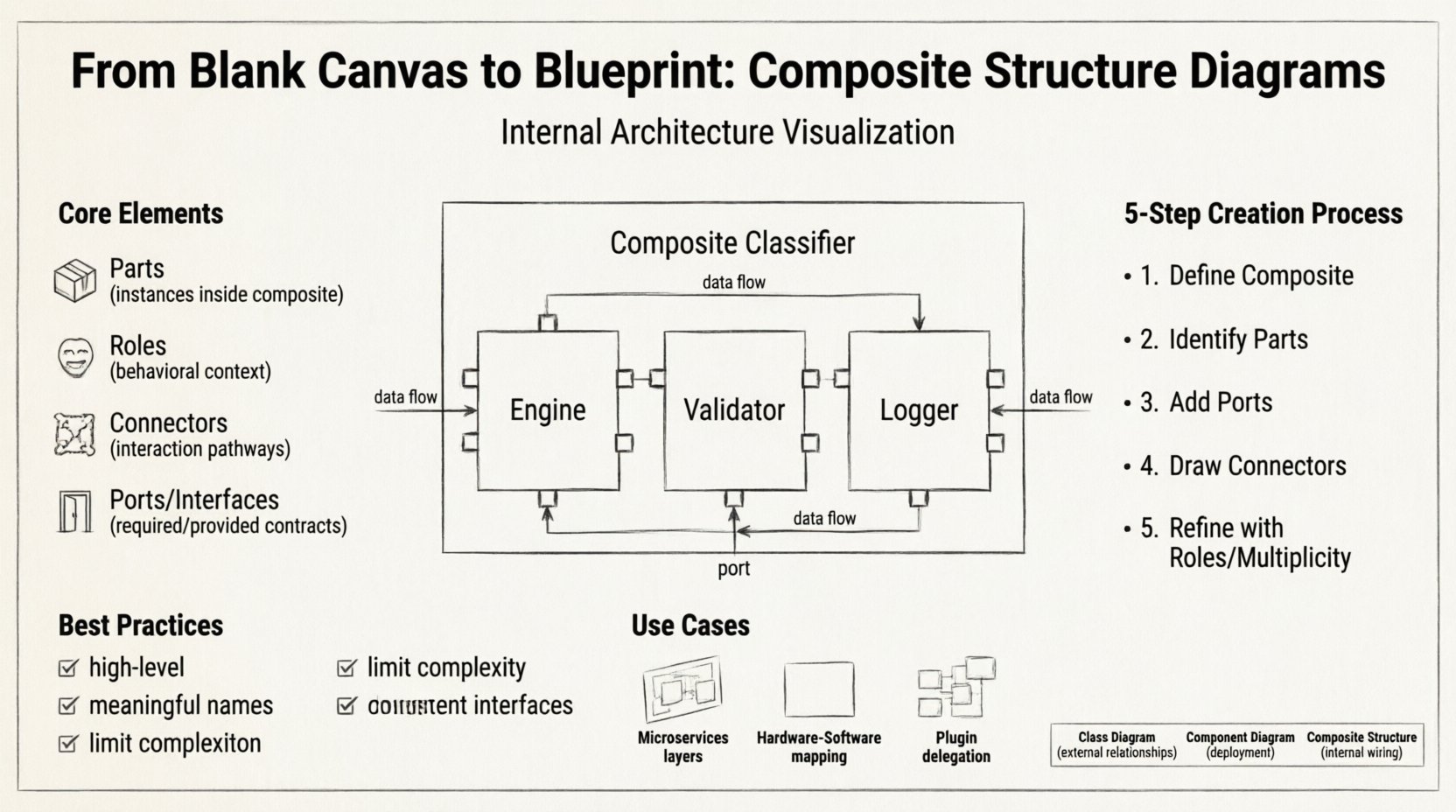 Line art infographic illustrating UML Composite Structure Diagrams: visualizes core elements (parts, roles, connectors, ports/interfaces), 5-step creation workflow, best practices checklist, and modern use cases for mapping internal software architecture and component relationships