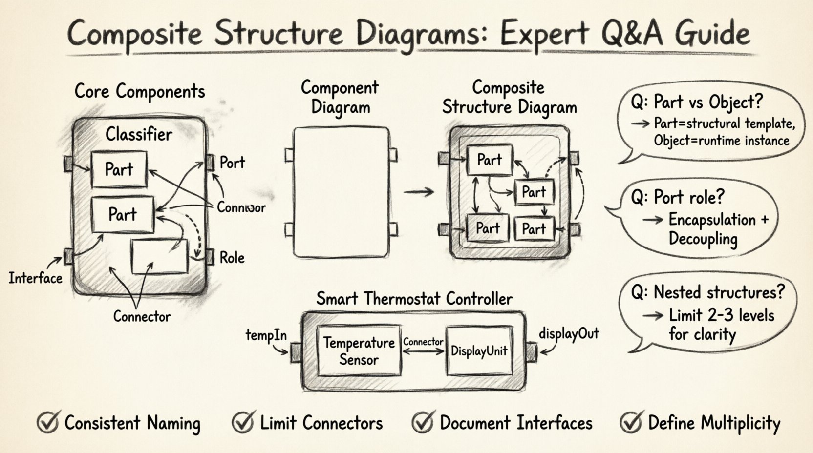 Charcoal contour sketch infographic explaining UML Composite Structure Diagrams: visualizes core components (classifiers, parts, ports, interfaces, connectors, roles), compares Component vs Composite Structure Diagrams, highlights expert Q&A on modeling scenarios, illustrates real-world embedded thermostat example, and summarizes best practices for software architecture design