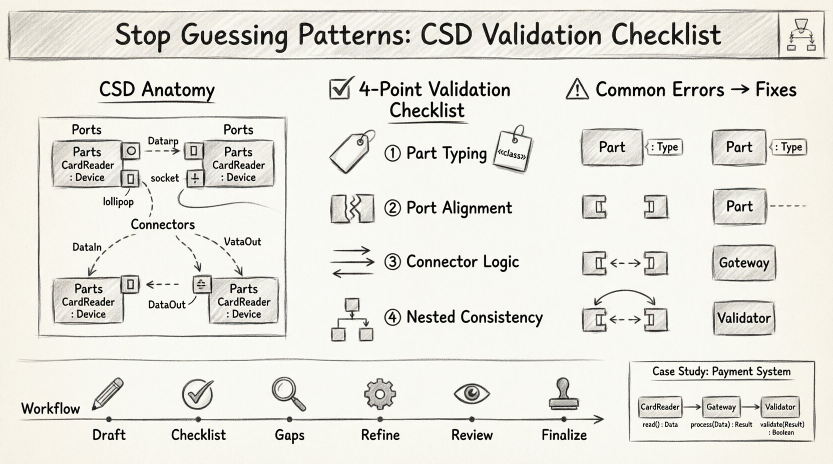 Sketch-style infographic presenting a validation checklist for UML Composite Structure Diagrams, featuring CSD anatomy with parts, ports, and connectors; a 4-point validation checklist covering part typing, port interface alignment, connector logic, and nested structure consistency; visual guide to common errors and corrections; provided vs required interface notation examples; and a practical workflow from draft to finalized diagram, with a payment system case study illustration