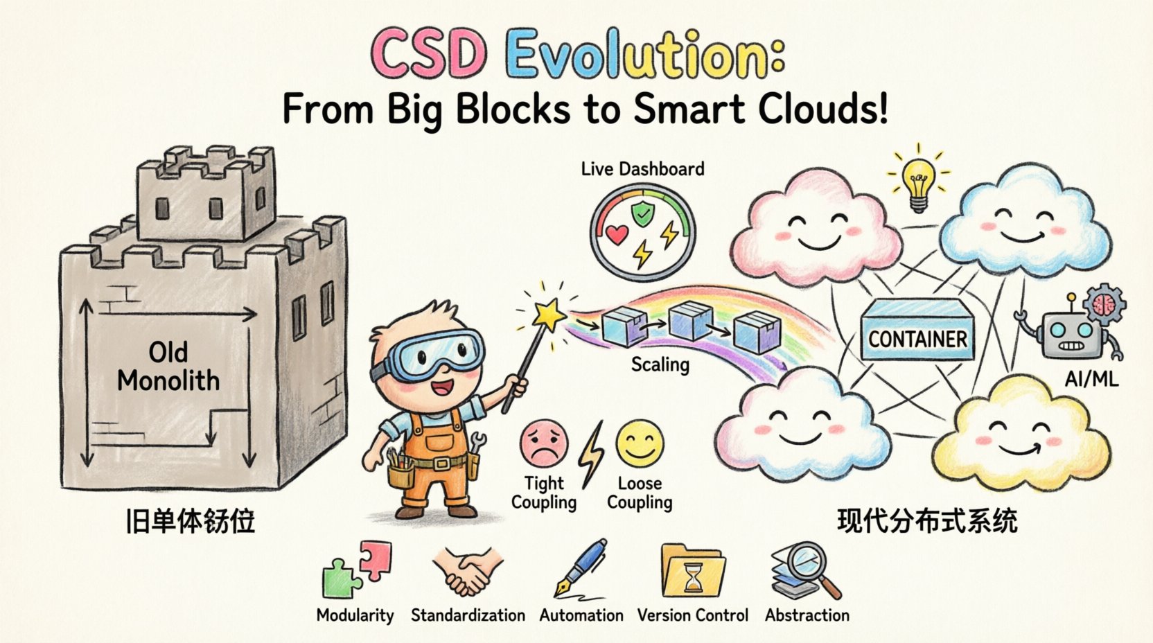 Child's drawing style infographic showing the evolution of Composite Structure Diagrams from traditional monolithic architecture to modern distributed cloud-native systems, featuring playful illustrations of microservices, containers, AI integration, live runtime visualization, and best practices for future-proofing software models, 16:9 aspect ratio