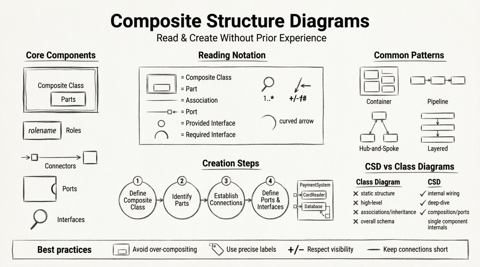 Line art infographic teaching how to read and create Composite Structure Diagrams in software architecture, featuring core components (composite class, parts, roles, connectors, ports, interfaces), notation legend, four-step creation process with PaymentSystem example, common structural patterns (container, pipeline, hub-and-spoke, layered), comparison table with class diagrams, and best practices tips, all in clean 16:9 minimalist technical illustration style.