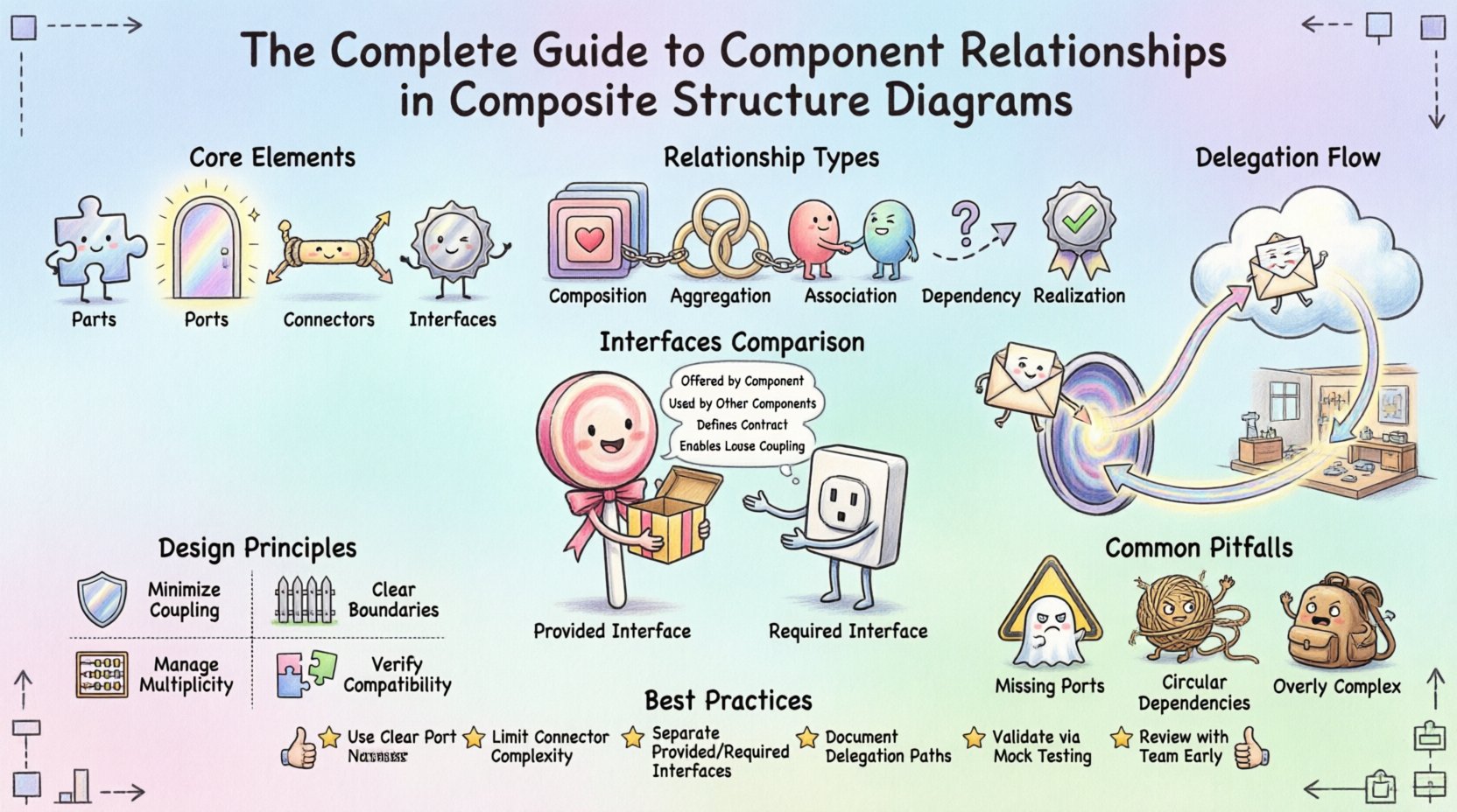 Whimsical educational infographic explaining Composite Structure Diagrams in UML: illustrates core elements including parts, roles, ports, connectors, and interfaces; visualizes relationship types such as composition, aggregation, association, dependency, and realization; compares provided interfaces (lollipop symbol) versus required interfaces (socket symbol); demonstrates delegation connectors for encapsulation; highlights design principles like minimizing coupling, defining clear boundaries, managing multiplicity, and verifying interface compatibility; warns against common pitfalls including missing ports, circular dependencies, and overly complex structures; presents best practices for robust component architecture in software engineering, all rendered in playful hand-drawn style with soft pastel colors and friendly characters for intuitive learning