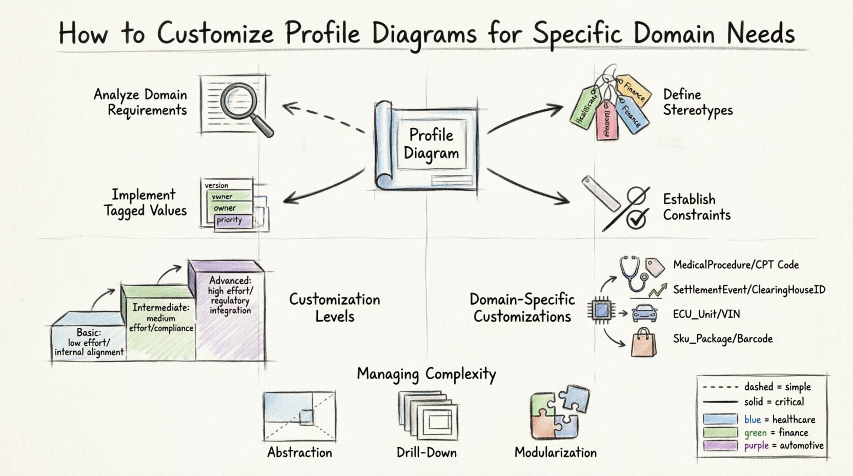 Sketch-style infographic illustrating how to customize UML profile diagrams for specific domains: shows 4-step process (analyze requirements, define stereotypes, establish constraints, implement tagged values), three customization levels (basic/intermediate/advanced), and domain-specific examples for healthcare, finance, automotive, and retail with visual cues for structural adaptations and complexity management