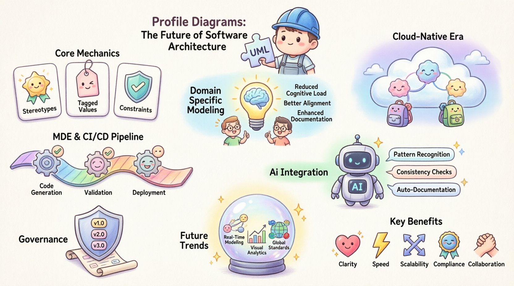 Kawaii-style infographic illustrating the future of UML profile diagrams in modern software architecture, featuring cute vector icons for stereotypes, tagged values, constraints, domain-specific modeling, cloud-native microservices, AI-powered maintenance, CI/CD pipelines, and governance with soft pastel colors, rounded edges, and friendly character elements
