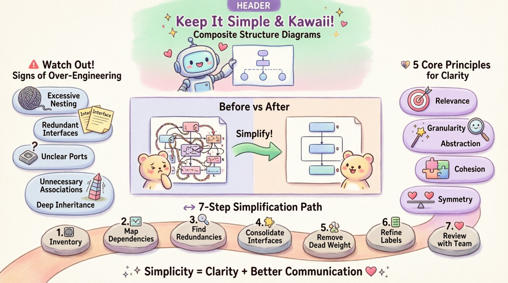 Kawaii-style infographic illustrating how to simplify composite structure diagrams in software architecture, featuring a cute robot mascot, pastel colors, warning signs for over-engineering like excessive nesting and redundant interfaces, five core principles (relevance, granularity, abstraction, cohesion, symmetry), a before-and-after comparison of complex vs. clean diagrams, and a 7-step simplification protocol path, all designed to help developers avoid over-engineering and improve architectural clarity