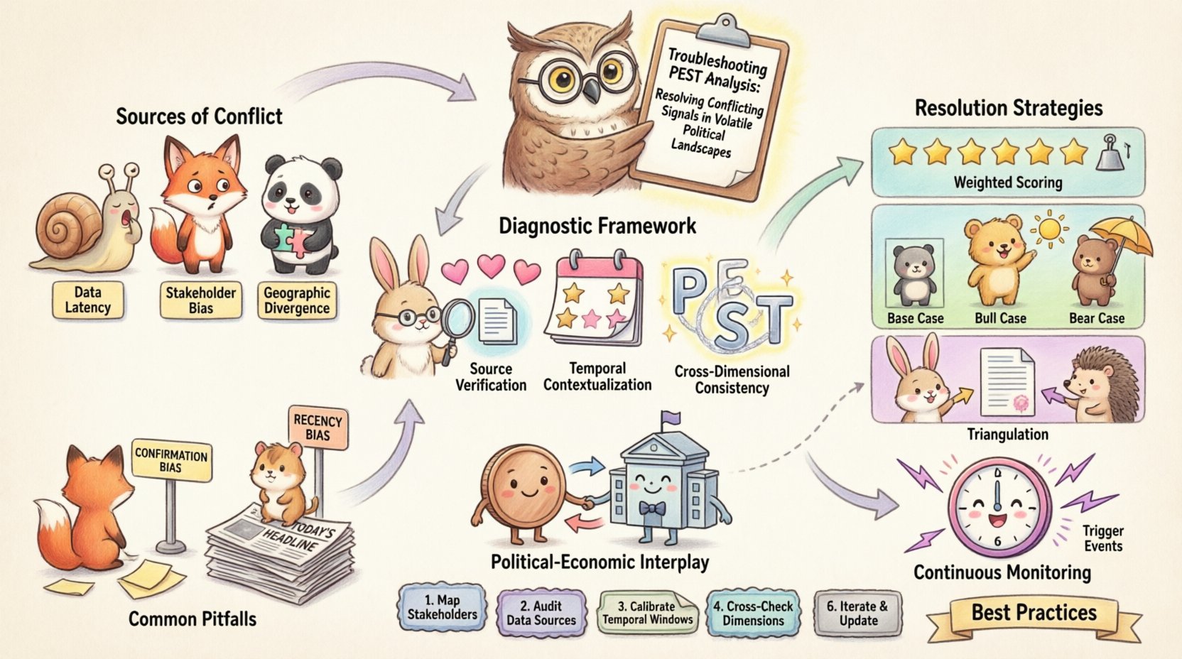 Kawaii-style infographic illustrating how to troubleshoot PEST analysis by resolving conflicting political signals, featuring cute characters explaining data validation, weighted scoring, scenario planning, and continuous monitoring strategies for strategic business planning in volatile environments