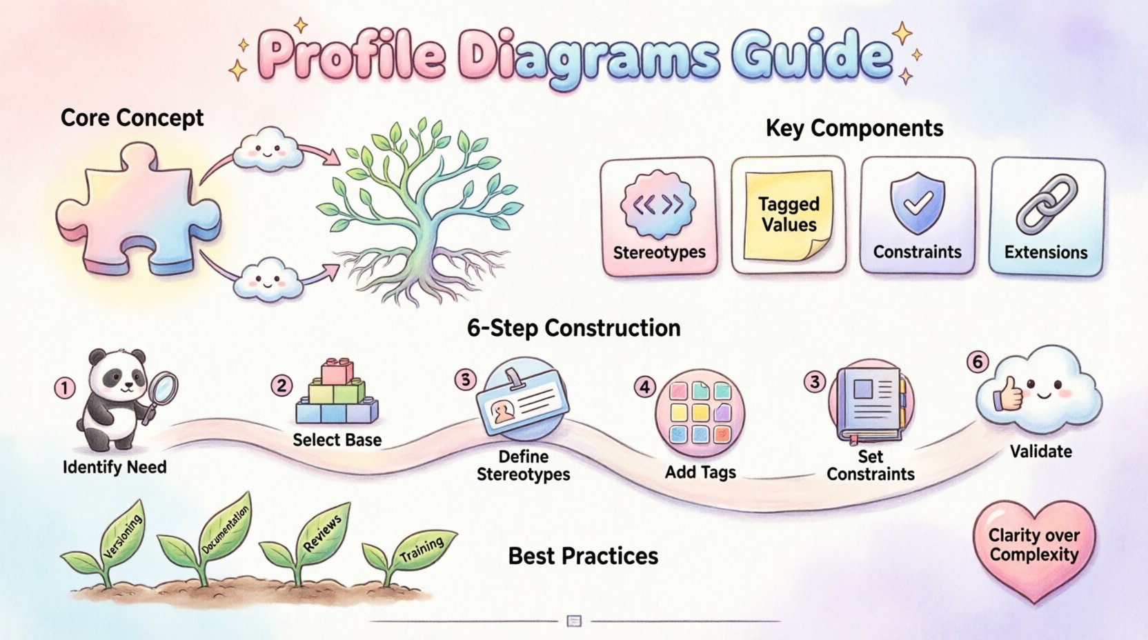 Kawaii-style 16:9 infographic explaining profile diagrams for system architects, featuring cute panda architect character, pastel-colored sections covering core concepts, key components (stereotypes, tagged values, constraints, extensions), 6-step construction process, application workflow, and maintenance best practices with playful icons, rounded shapes, and intuitive visual flow for easy comprehension of UML profile extension mechanisms