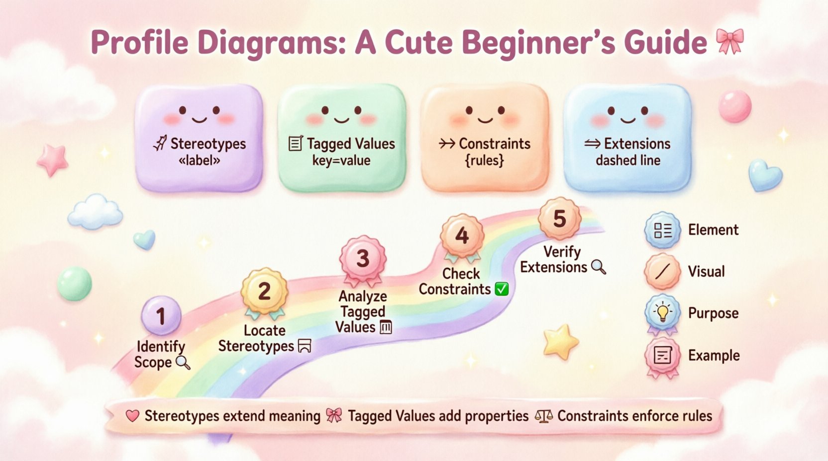 Cute kawaii-style infographic explaining UML Profile Diagrams for beginners, featuring pastel-colored vector illustrations of stereotypes, tagged values, constraints, and extensions with a 5-step reading strategy guide, simplified shapes, rounded edges, and visual cheat sheet for system architecture modeling
