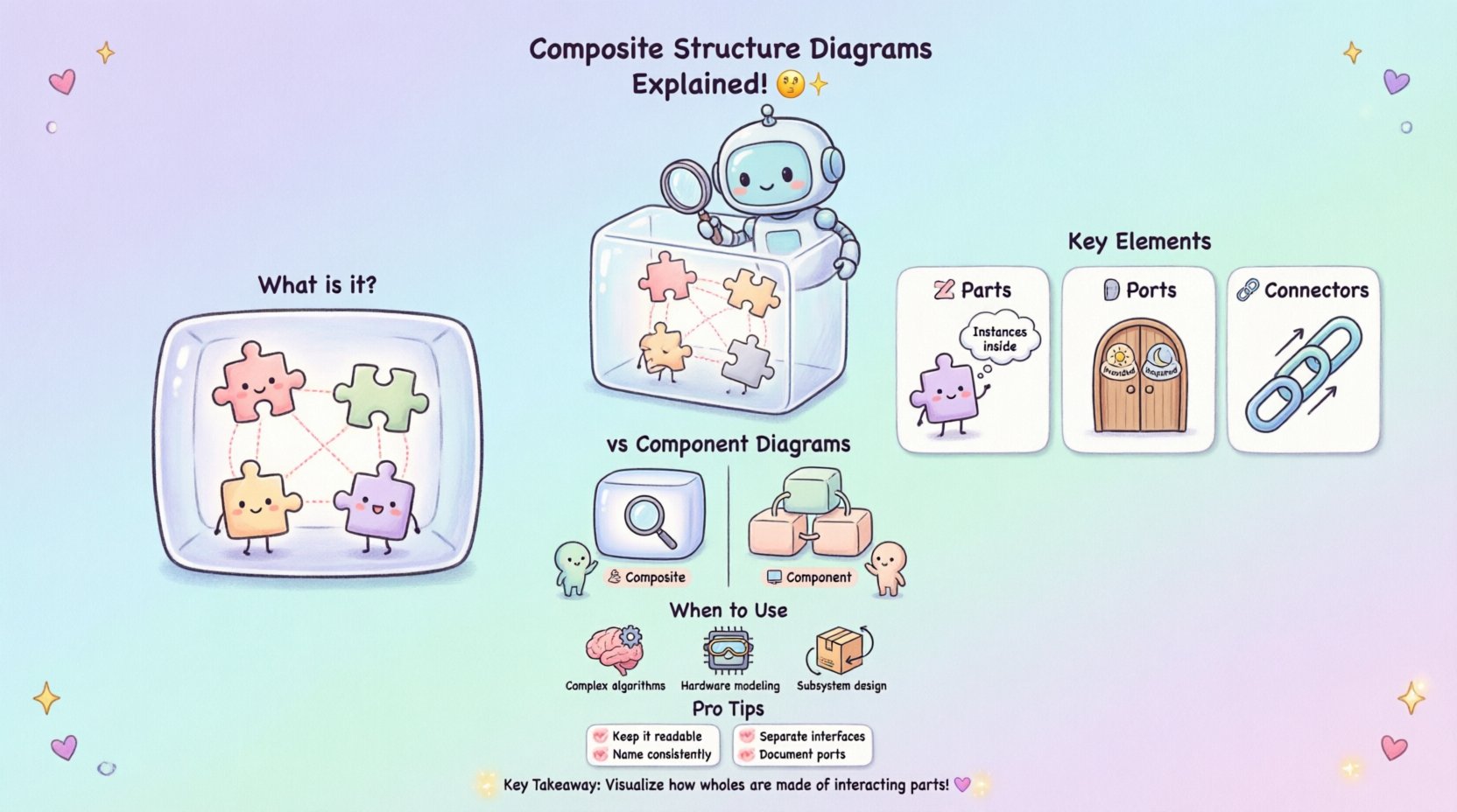 Cute kawaii-style infographic explaining UML Composite Structure Diagrams with pastel vector illustrations, featuring key elements like parts puzzle pieces, port door icons, and connector links, plus comparisons to component diagrams and best practices for software architecture visualization