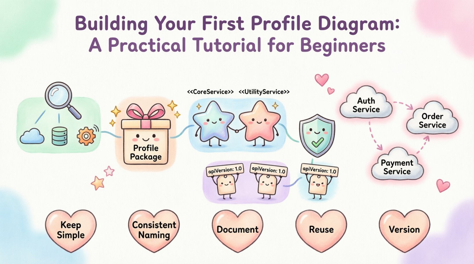 A cute kawaii-style infographic explaining UML Profile Diagrams for beginners, featuring pastel colors, adorable chibi characters representing Profile Packages, Stereotypes, Tagged Values, and Constraints, with a visual 5-step tutorial flow and a microservices architecture example, designed in 16:9 aspect ratio with English labels and beginner-friendly aesthetic