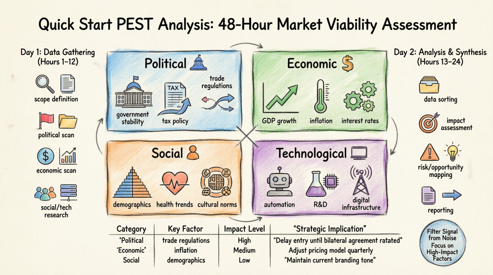 Marker-style infographic illustrating a 48-hour PEST analysis framework for market viability assessment, featuring four color-coded quadrants for Political (government policy, tax, trade regulations), Economic (GDP, inflation, interest rates), Social (demographics, cultural trends, lifestyle shifts), and Technological factors (automation, R&D, digital infrastructure), with a two-day execution timeline showing data gathering and synthesis phases, strategic implication table template, and visual flow from research to actionable business decisions, hand-drawn marker illustration style on textured paper background