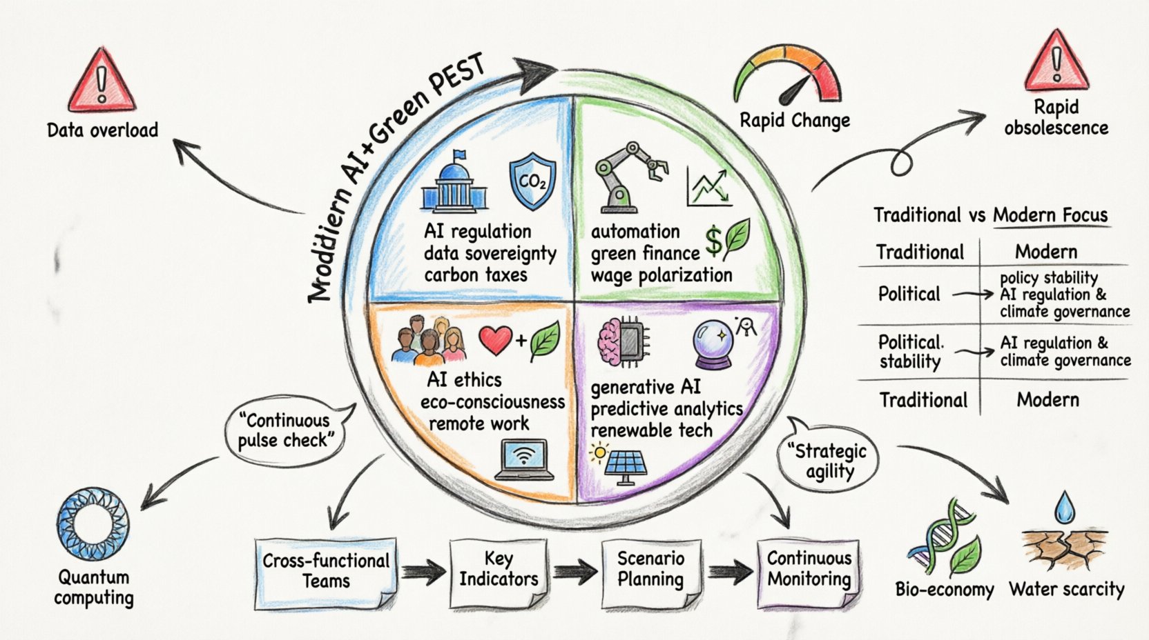 Hand-drawn whiteboard infographic illustrating the modernized PEST analysis framework adapted for the AI and Green Economy era, featuring four color-coded quadrants: Political (blue) with AI regulation and carbon policies, Economic (green) with automation and green finance, Social (orange) with ethics and conscious consumption, and Technological (purple) with generative AI and renewable tech; includes evolution timeline from traditional to modern PEST, implementation flowchart with cross-functional teams and scenario planning, comparison table of traditional vs. modern focus areas, and future trends like quantum computing and bio-economy, designed for strategic planners and business leaders seeking agile macro-environmental analysis