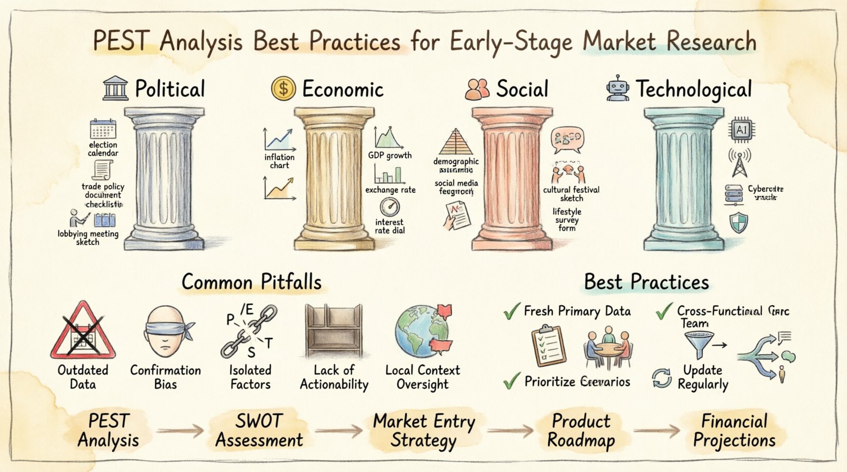 Hand-drawn infographic illustrating the PEST analysis framework with Political, Economic, Social, and Technological factors, common pitfalls to avoid, and strategic best practices for early-stage market research