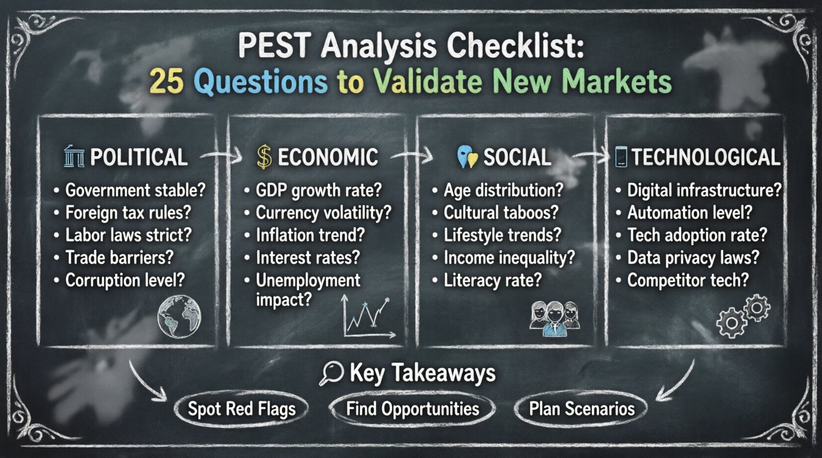 Chalkboard-style educational infographic displaying the PEST Analysis framework with 25 critical questions across four categories—Political (government stability, tax structures, labor laws, trade barriers, corruption), Economic (GDP growth, currency volatility, inflation, interest rates, unemployment), Social (age distribution, cultural taboos, lifestyle trends, income inequality, literacy), and Technological (digital infrastructure, automation, tech adoption, data privacy, competitive landscape)—designed with hand-written chalk aesthetics, teacher-friendly layout, and visual cues to help businesses intuitively validate new market opportunities