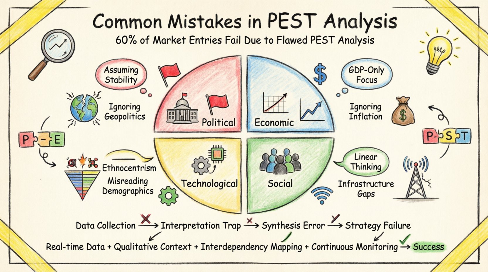 Hand-drawn infographic illustrating common mistakes in PEST analysis that cause 60% of market entry failures, featuring four quadrants for Political, Economic, Social, and Technological factors with warning icons for pitfalls like assuming regulatory stability, GDP-only focus, ethnocentrism, and linear tech thinking, plus corrective strategies including real-time data monitoring, qualitative context integration, cultural audits, and infrastructure verification, all rendered in thick-outline sketch style with visual flowcharts showing the path from data interpretation errors to strategic success