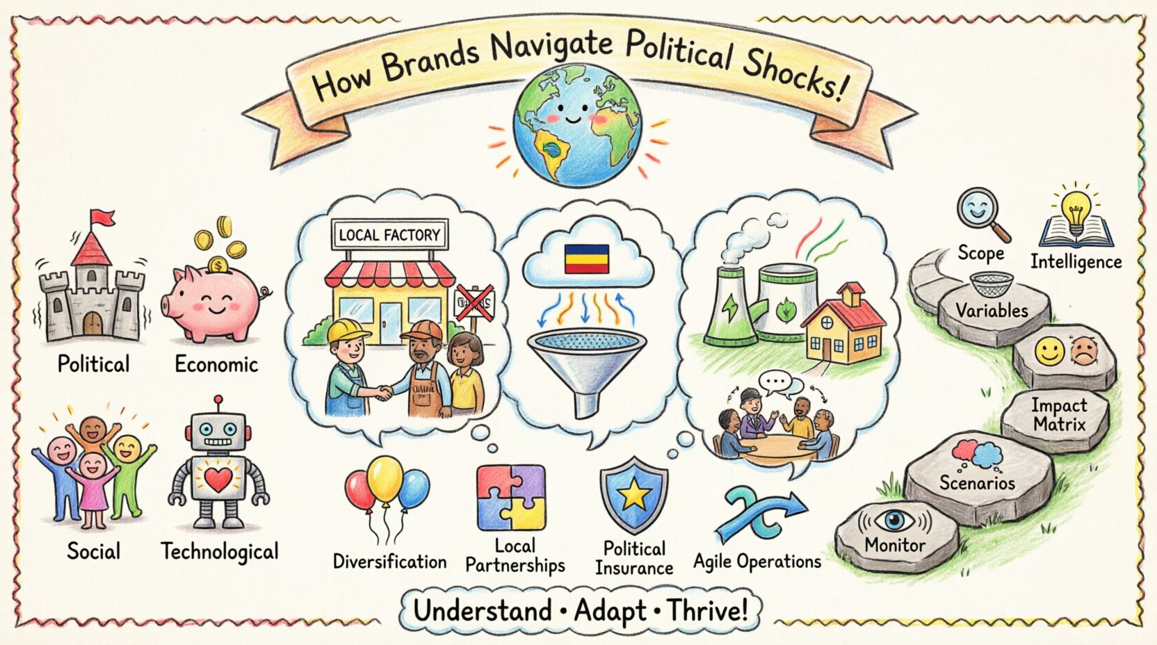 A colorful child-style drawing infographic showing how global brands use PEST Analysis (Political, Economic, Social, Technological) to navigate political challenges in emerging economies, featuring three case studies from Brazil (retailer building local factory), Southeast Asia (tech platform with local data centers), and Africa (energy company with community development), plus a 6-step framework path and mitigation strategy tools, all illustrated with playful crayon textures, bright colors, and simple hand-drawn icons