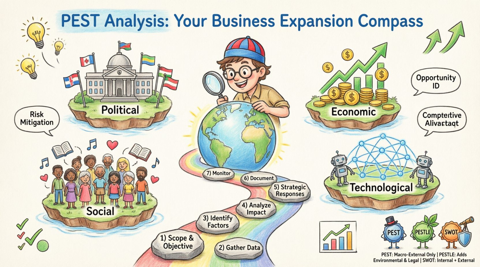 Whimsical 16:9 infographic illustrating PEST Analysis framework for business expansion managers: features a cheerful explorer on a globe surrounded by four colorful islands representing Political, Economic, Social, and Technological factors; includes a 7-step implementation path with numbered stepping stones; highlights key benefits like risk mitigation and strategic alignment; uses playful hand-drawn style with pastel colors, icons, and clear visual hierarchy to make macro-environmental business planning intuitive and engaging