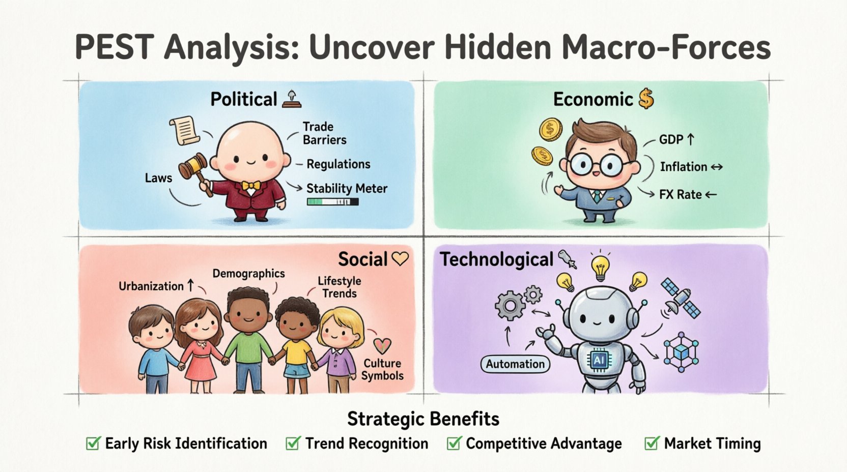 Chibi-style infographic illustrating PEST Analysis framework with four pillars: Political (regulations, trade policies), Economic (GDP, inflation, currency), Social (demographics, culture, trends), and Technological (AI, automation, innovation). Cute kawaii characters represent each macro-environmental factor with icons for strategic business planning, competitive intelligence, and market entry risk assessment. Visual guide for uncovering hidden forces that impact business success.