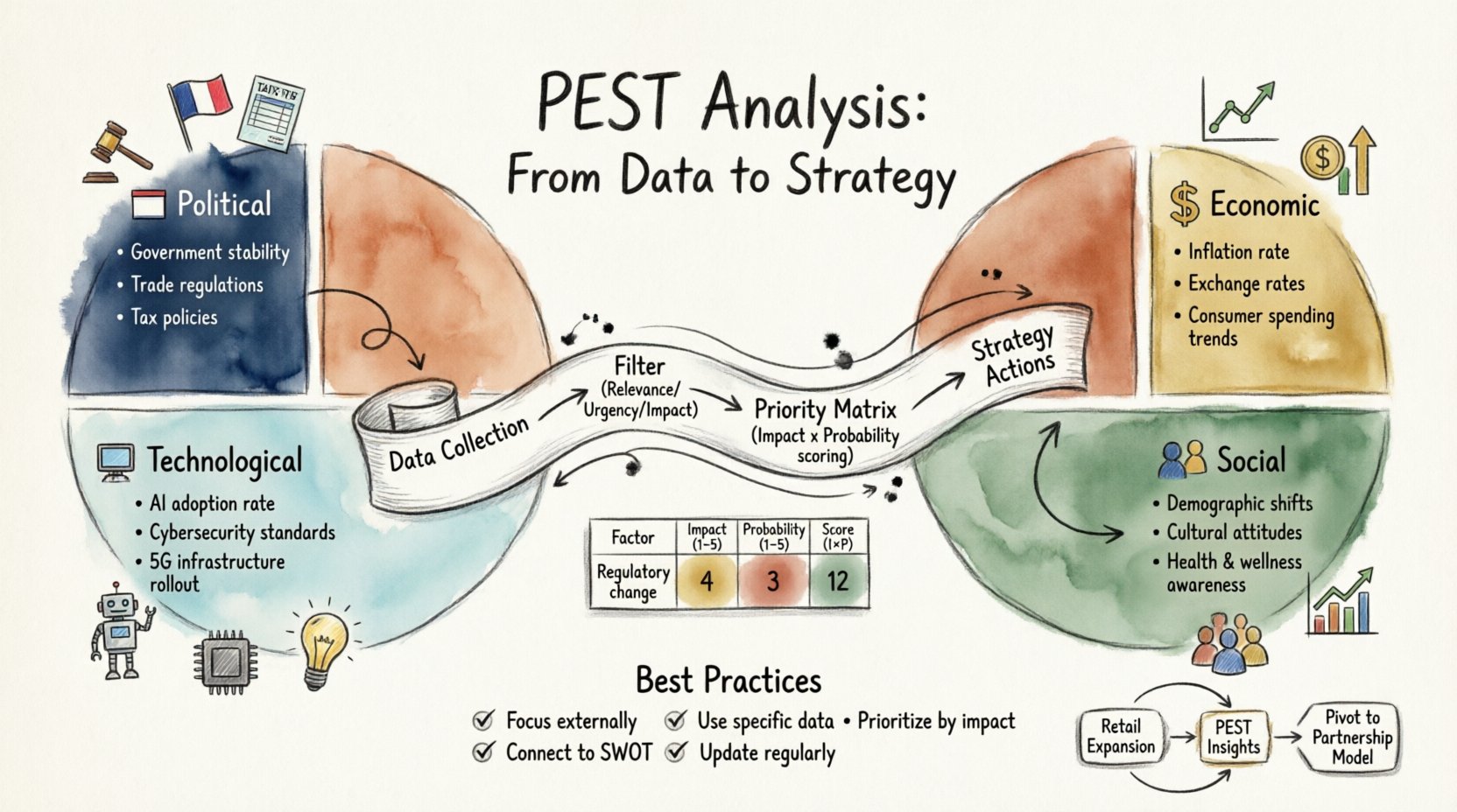 Hand-drawn infographic illustrating PEST Analysis framework: Political, Economic, Social, and Technological factors with icons, data collection workflow, priority scoring matrix, and strategy conversion steps for business planning