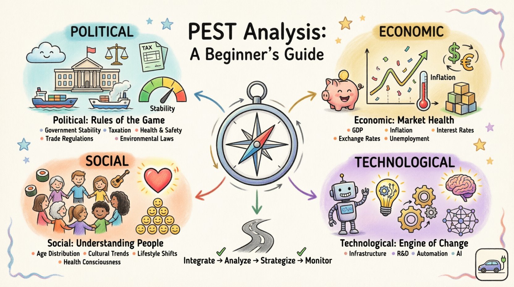 Whimsical infographic illustrating the PEST Analysis framework with four colorful quadrants: Political (government policies, regulations), Economic (market indicators, GDP, inflation), Social (demographics, cultural trends), and Technological (innovation, AI, automation), designed as a beginner's guide to strategic macro-environmental analysis