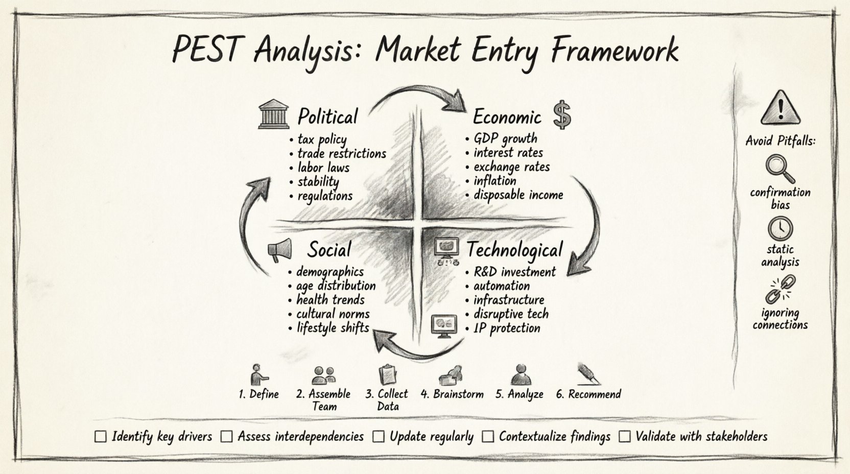 Hand-drawn sketch infographic illustrating PEST Analysis framework for market entry strategy, featuring four interconnected pillars: Political factors (tax policy, trade restrictions, labor laws), Economic factors (GDP growth, interest rates, inflation), Social factors (demographics, cultural norms, lifestyle trends), and Technological factors (R&D, automation, infrastructure), plus implementation workflow steps, common pitfalls to avoid, and market entry checklist, rendered in pencil sketch style with handwritten annotations and visual hierarchy for strategic planning professionals