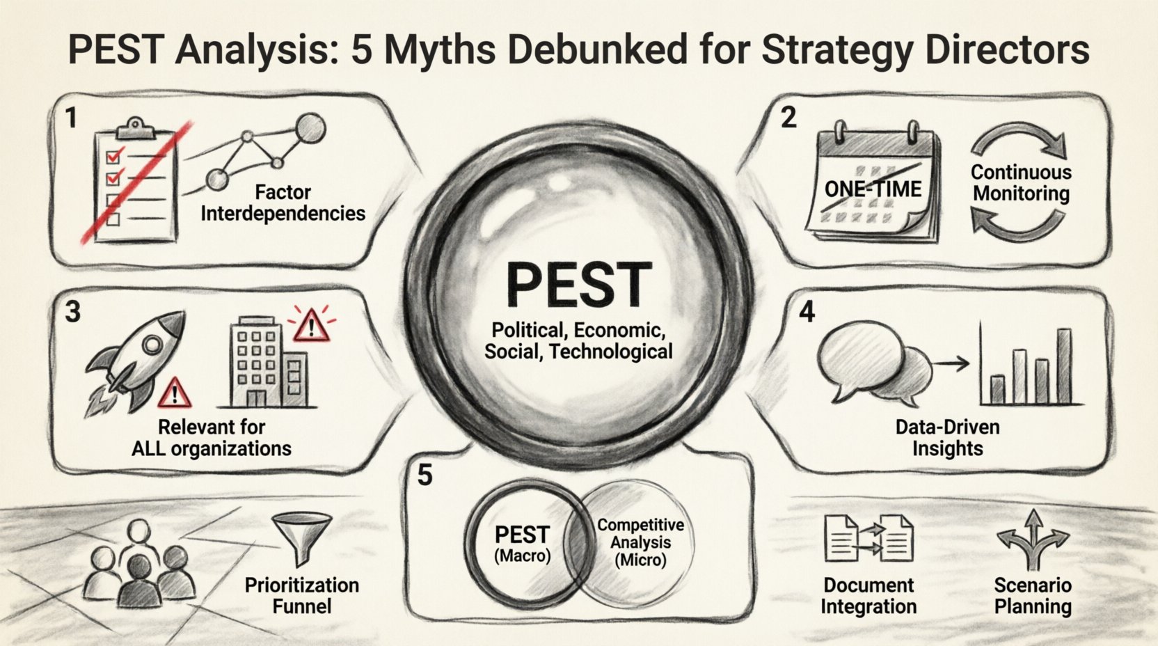 Charcoal sketch infographic debunking 5 PEST analysis myths for strategy directors: checklist mentality, one-time event fallacy, new-venture-only misconception, qualitative-data sufficiency, and competitive analysis replacement; includes best practices for cross-functional collaboration, factor prioritization, strategic integration, and scenario planning in 16:9 layout