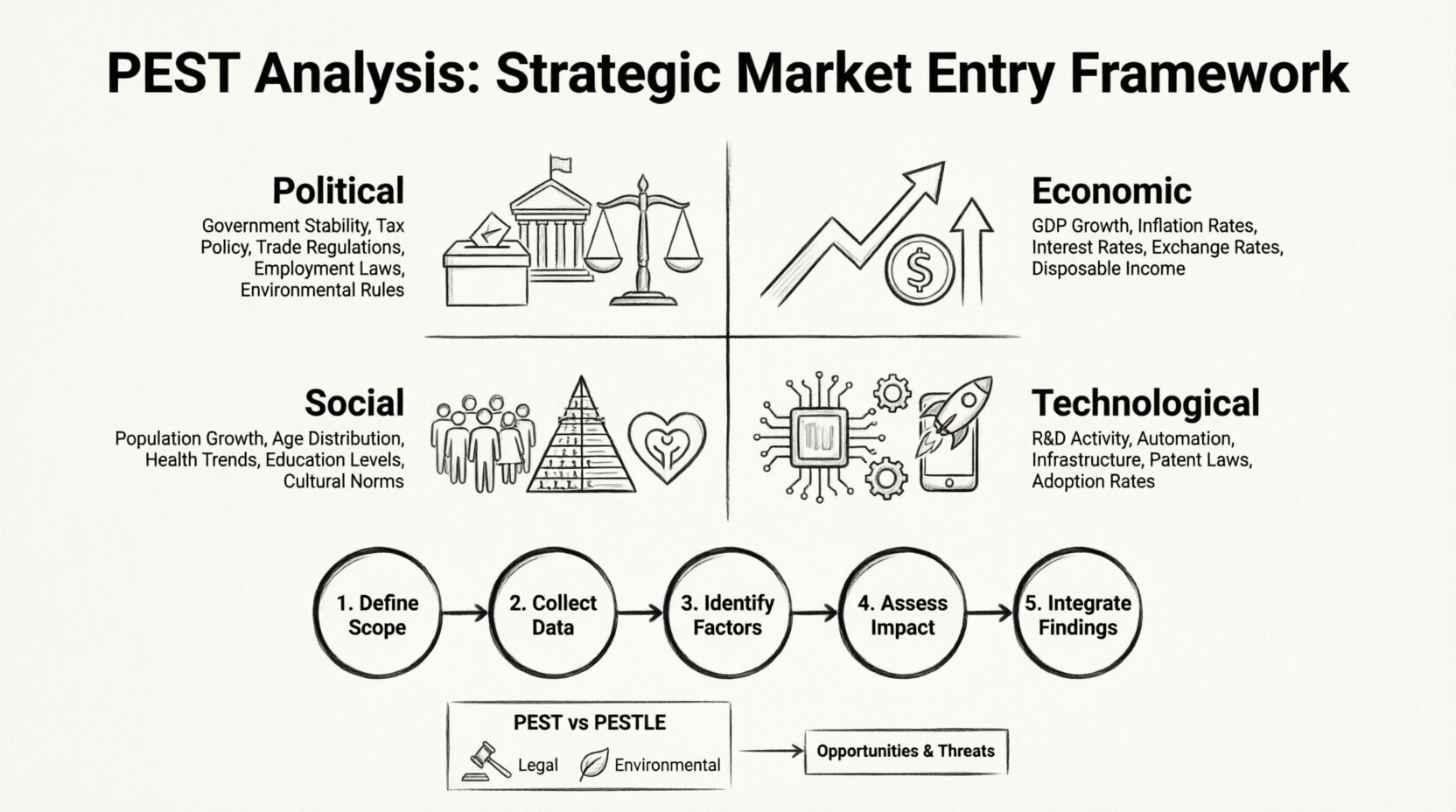 Line art infographic illustrating the PEST Analysis framework for strategic market entry, featuring four key macro-environmental factors: Political (government stability, tax policy, trade regulations), Economic (GDP growth, inflation, interest rates), Social (demographics, cultural trends, health consciousness), and Technological (R&D, automation, infrastructure), plus a 5-step implementation process, PEST vs PESTLE comparison, and SWOT analysis integration for business strategy planning