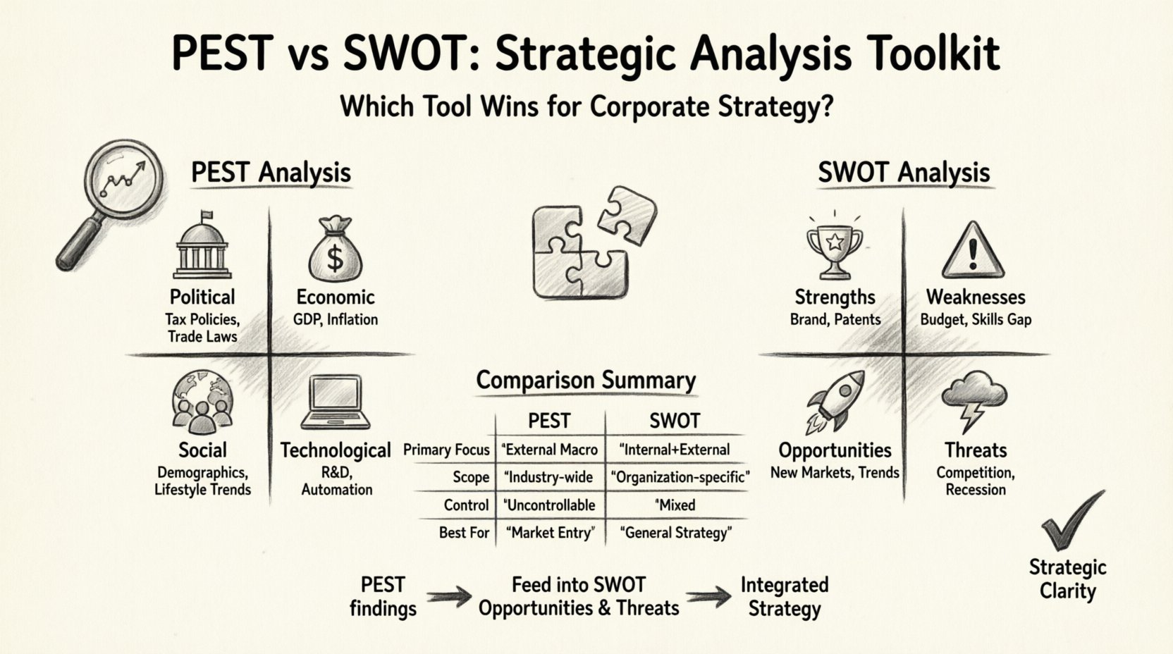 Hand-drawn sketch infographic comparing PEST Analysis (Political, Economic, Social, Technological external factors) and SWOT Analysis (Strengths, Weaknesses, Opportunities, Threats internal and external factors) for corporate strategy planning, featuring side-by-side framework breakdowns, comparison table of focus/scope/control/use cases, and integration workflow showing how PEST insights feed into SWOT opportunities and threats for comprehensive strategic decision-making