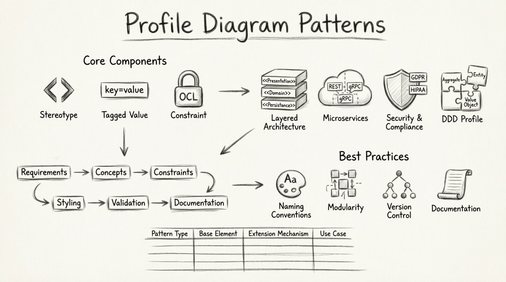 Charcoal sketch infographic illustrating Profile Diagram Patterns for software architecture: core components (stereotypes, tagged values, constraints), four architectural patterns (Layered, Microservices, Security & Compliance, Domain-Driven Design), implementation workflow steps, and best practices for maintenance, rendered in contour sketch style with clear visual hierarchy