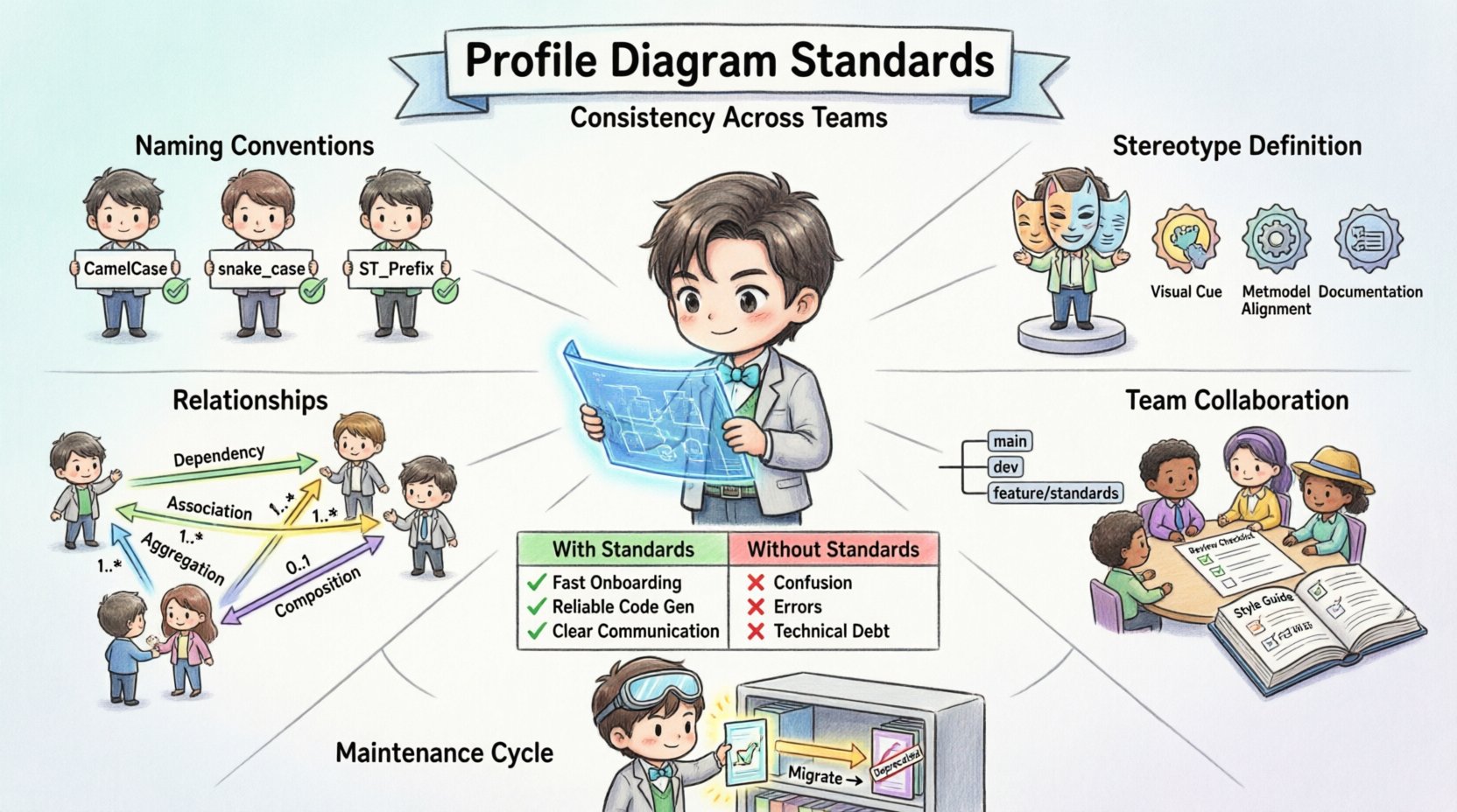 Chibi-style infographic illustrating profile diagram standards for system architecture teams, featuring cute characters demonstrating naming conventions, stereotype definitions, relationship semantics, team collaboration workflows, and a visual comparison of standardized versus non-standardized modeling practices with clear icons and labels