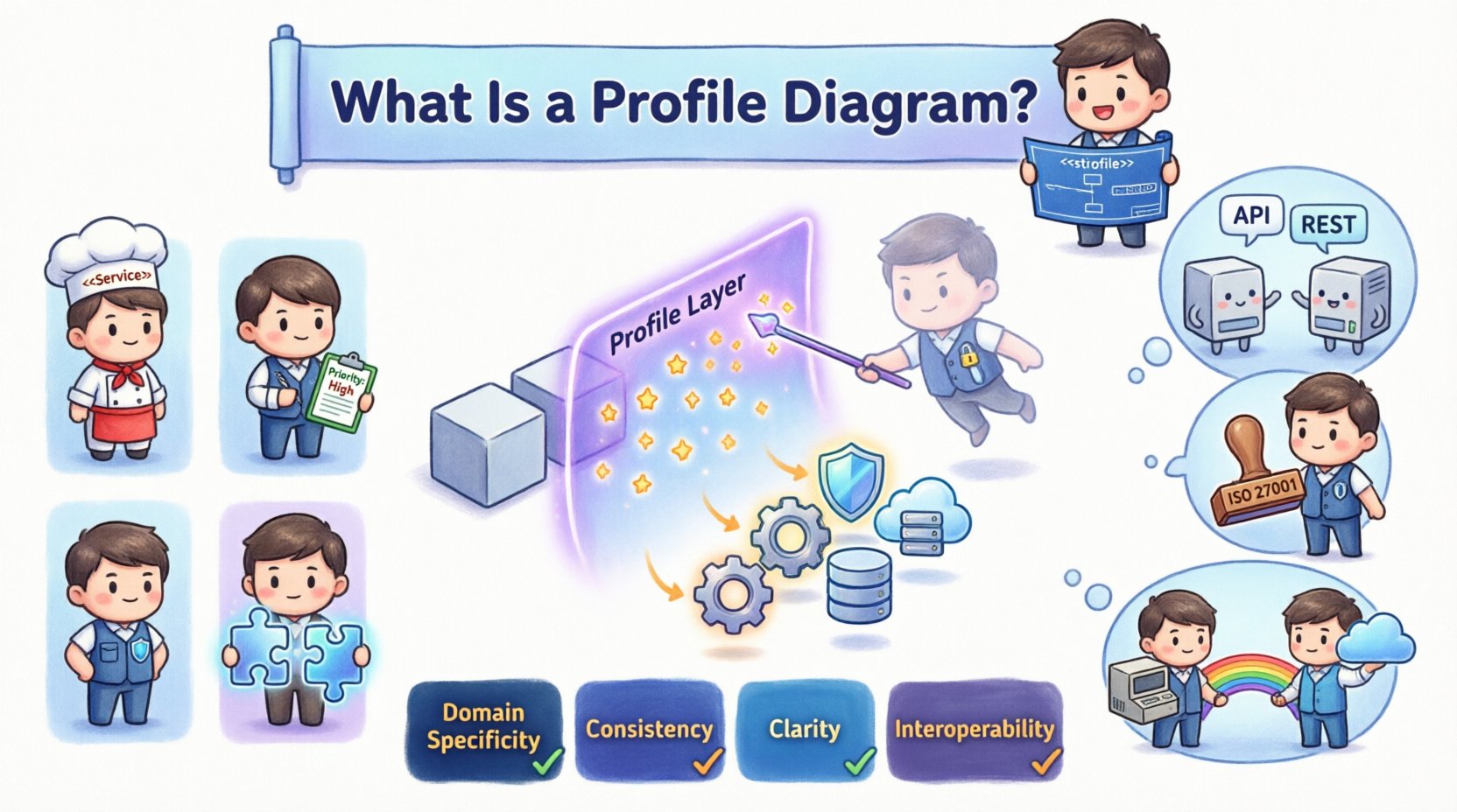 Chibi-style infographic explaining UML Profile Diagrams: illustrates how stereotypes, tagged values, constraints, and relationships extend standard UML for domain-specific modeling, featuring cute character visuals of microservices architecture, security compliance tagging, and legacy integration use cases to help technical teams communicate system design clearly