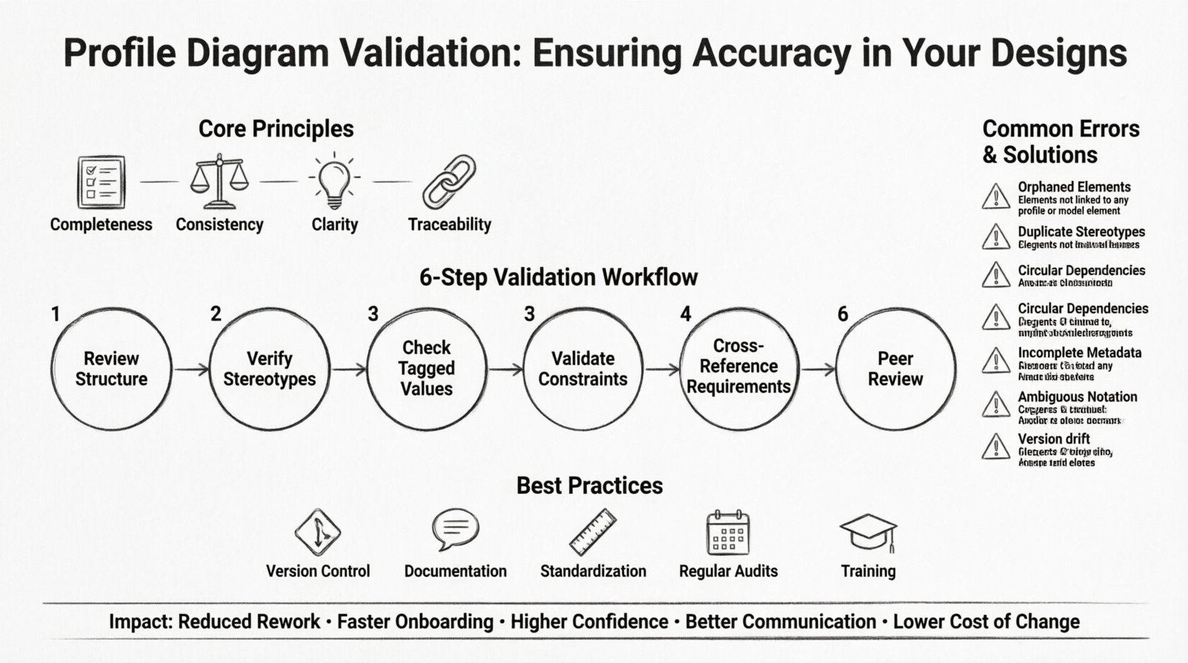 Line art infographic illustrating Profile Diagram Validation best practices for system architecture: features four core principles (Completeness, Consistency, Clarity, Traceability), a six-step validation workflow (Review Structure, Verify Stereotypes, Check Tagged Values, Validate Constraints, Cross-Reference Requirements, Peer Review), common errors with detection methods (Orphaned Elements, Duplicate Stereotypes, Circular Dependencies, Incomplete Metadata, Ambiguous Notation, Version Drift), and best practices for maintaining diagram integrity including version control, documentation, standardization, regular audits, and team training. Designed for architects and developers to ensure accurate, reliable modeling throughout the development lifecycle.
