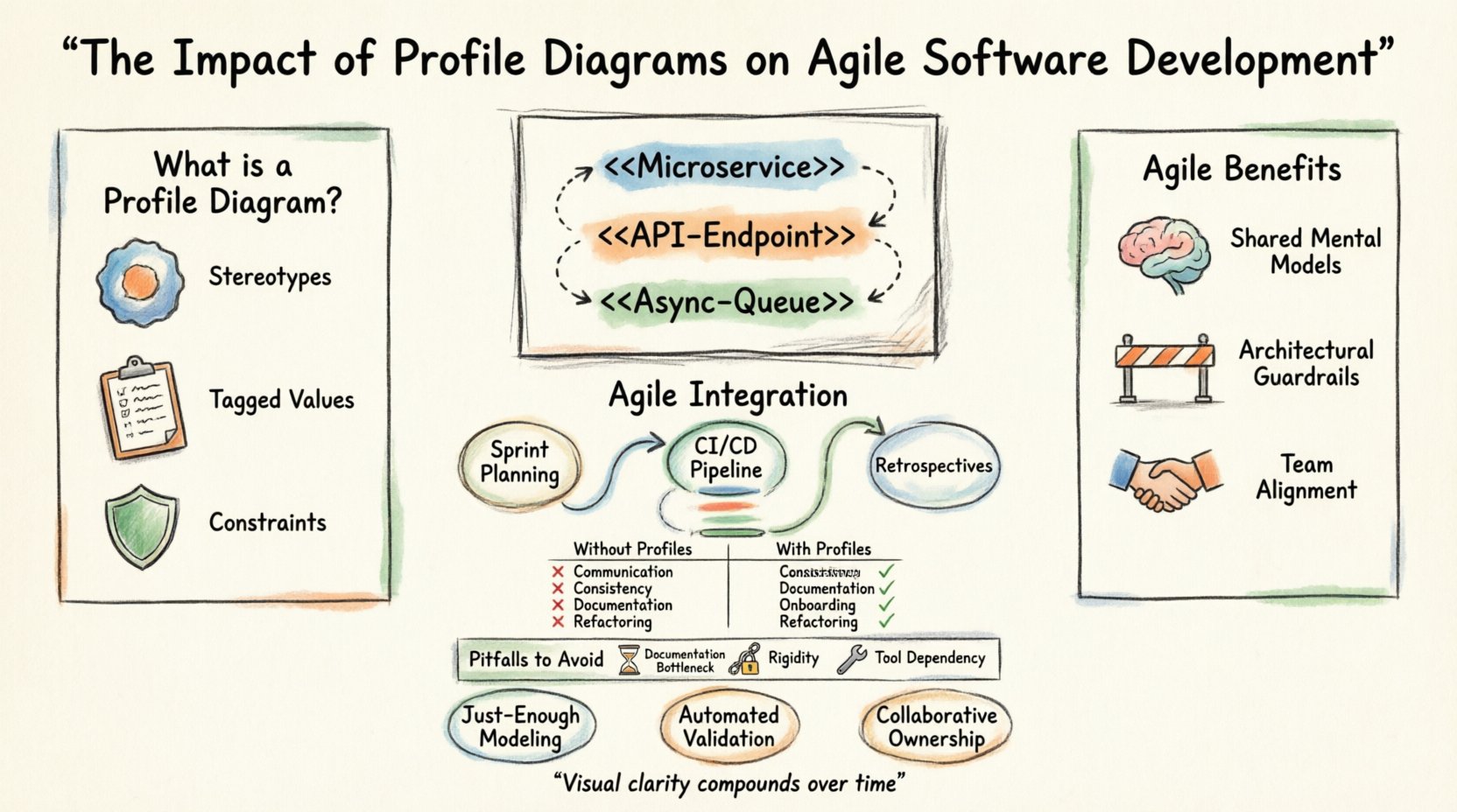 Hand-drawn infographic illustrating how Profile Diagrams enhance Agile software development: shows UML stereotypes like Microservice and API-Endpoint, key benefits including shared mental models and architectural guardrails, integration with sprint planning and CI/CD, comparison of outcomes with versus without profiles, common pitfalls to avoid, and sustainable documentation strategies for iterative teams