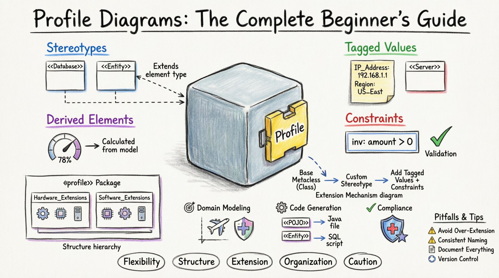 Hand-drawn whiteboard infographic explaining UML/SysML Profile Diagrams: illustrates core components (stereotypes, tagged values, constraints, derived elements) with color-coded markers, extension mechanism linking custom stereotypes to base metaclasses, profile package hierarchy, practical use cases for domain-specific modeling and code generation, plus common pitfalls and best practices for maintenance